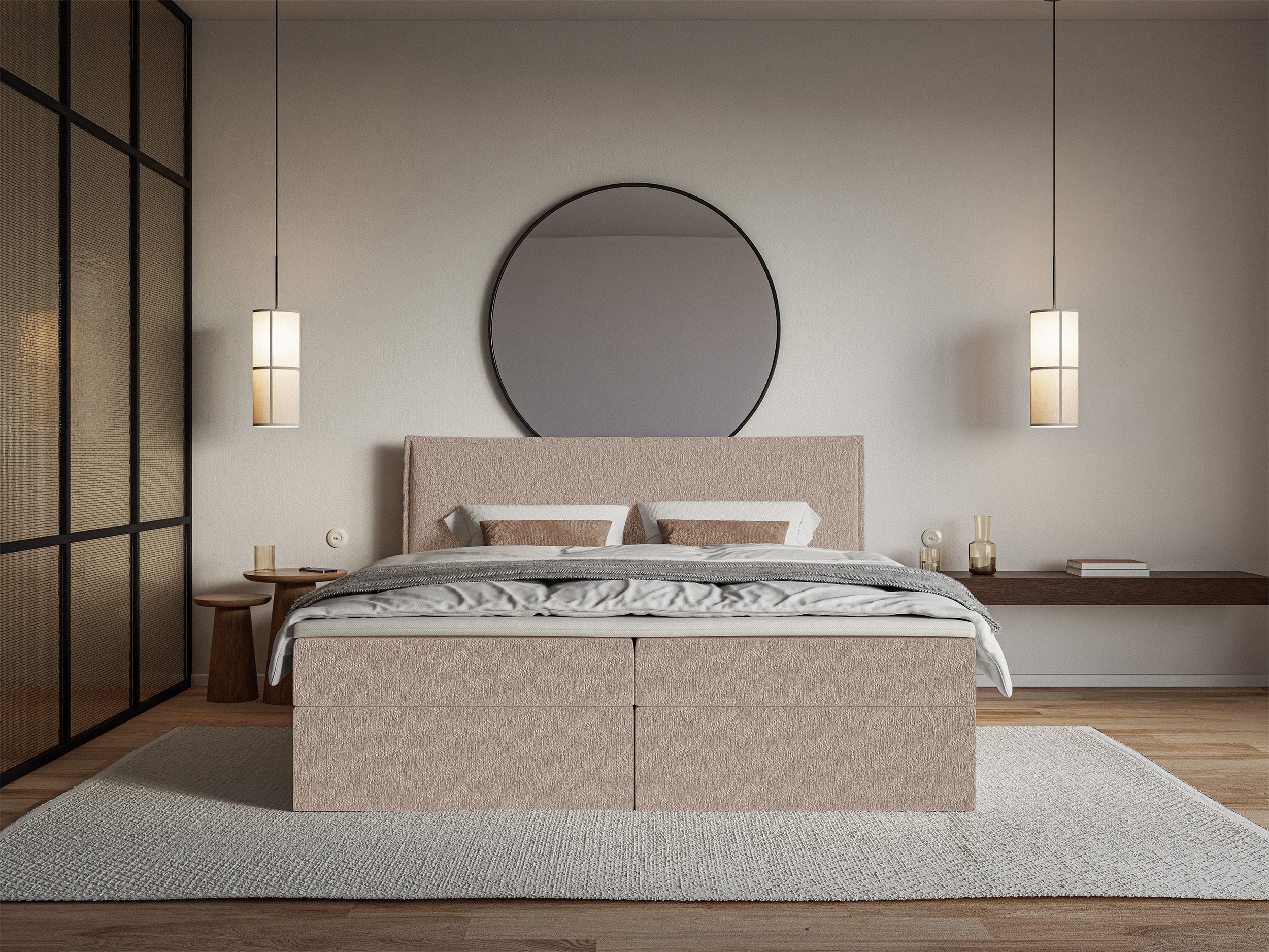 Łóżko kontynentalne 180x200 cm Softie z pojemnikami i topperem ciemnobeżowe szenil