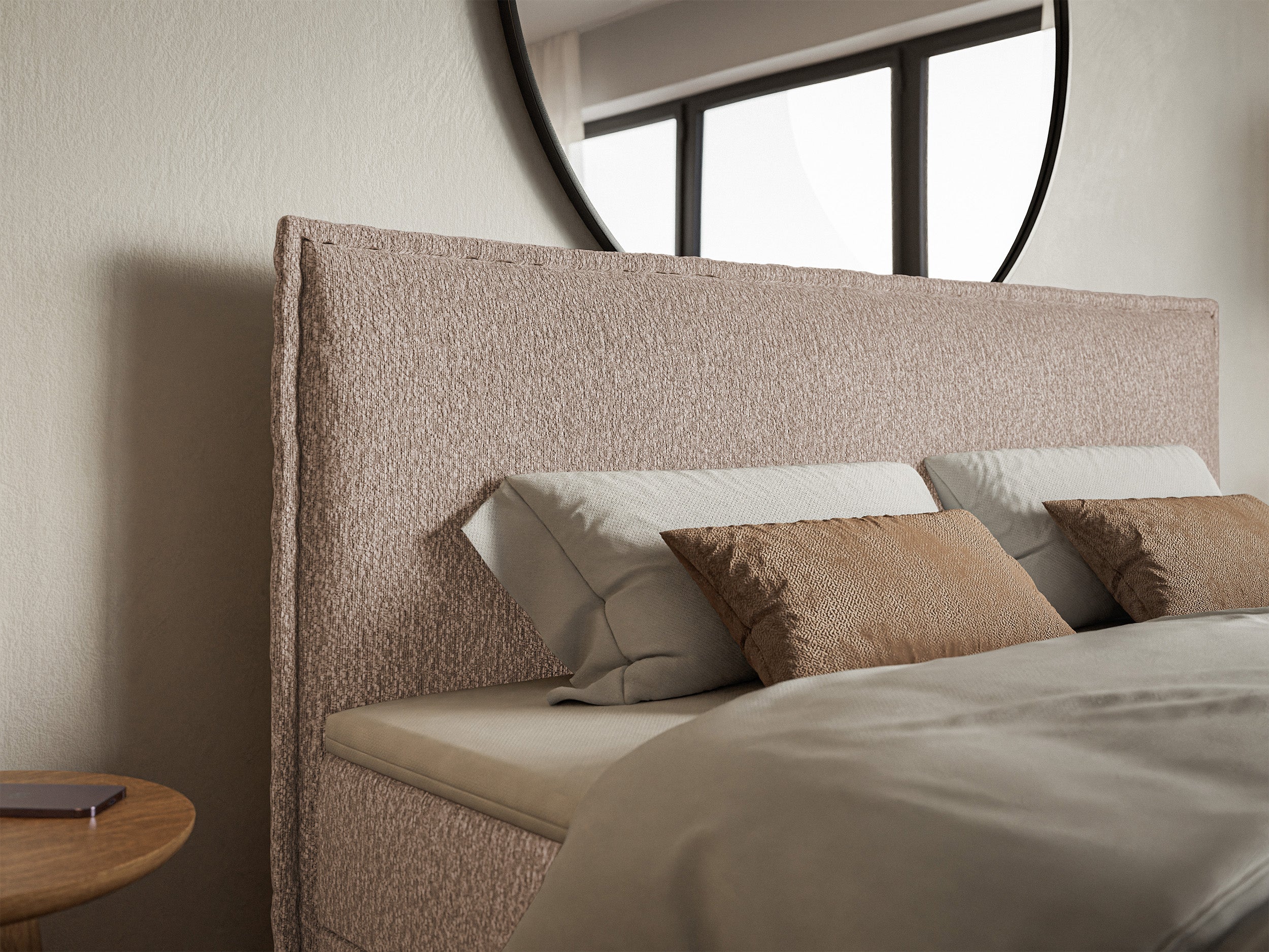 Łóżko kontynentalne 160x200 cm Softie z pojemnikami i topperem ciemnobeżowe szenil
