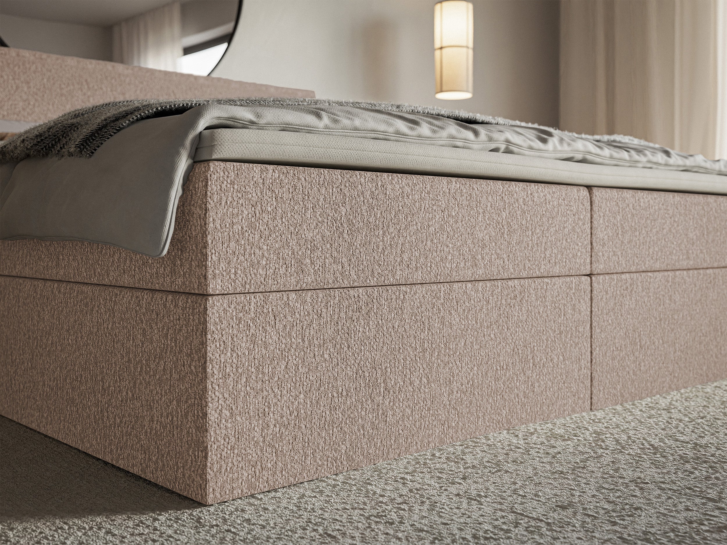 Łóżko kontynentalne 160x200 cm Softie z pojemnikami i topperem ciemnobeżowe szenil