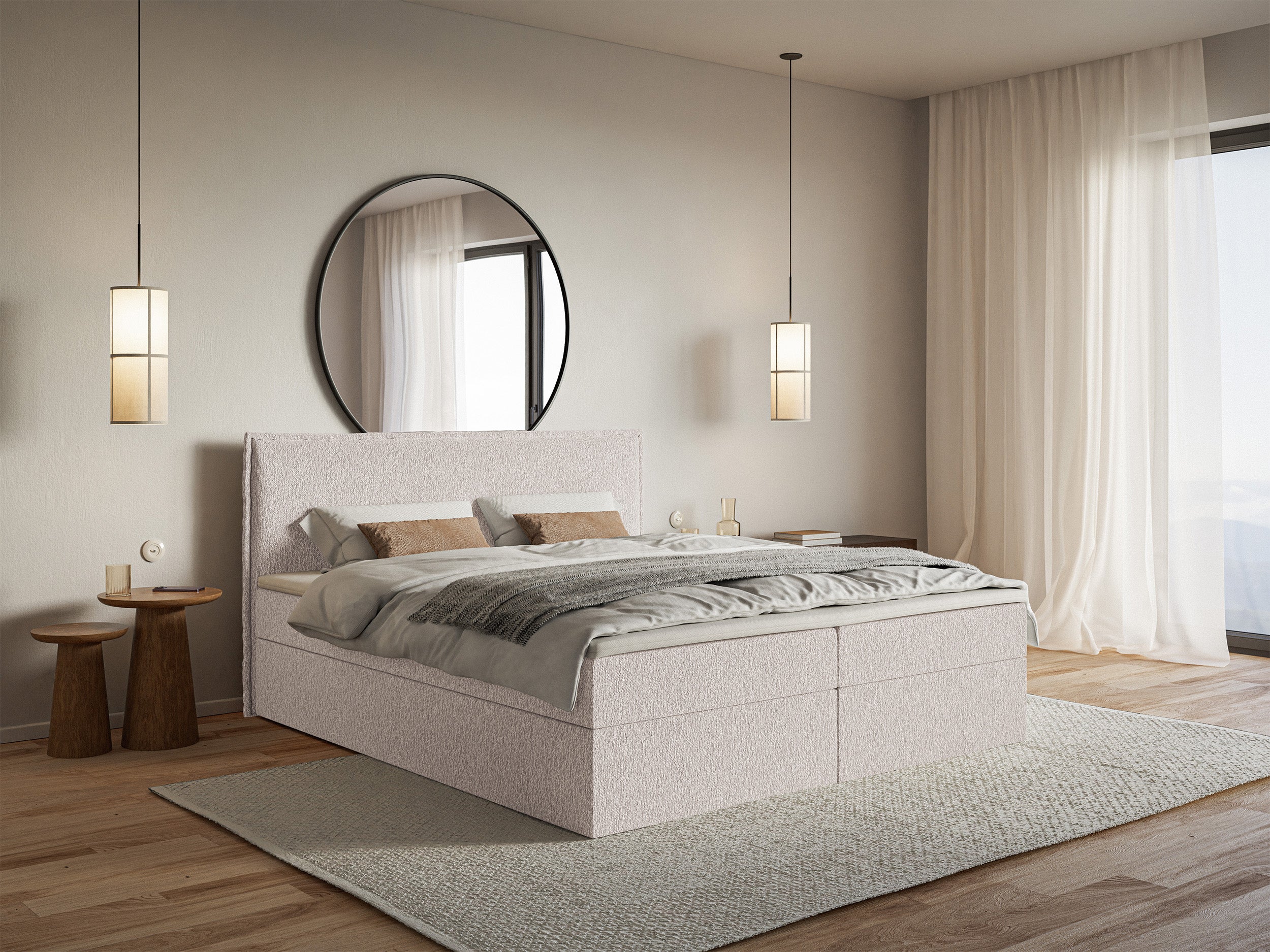 Łóżko kontynentalne 140x200 cm Softie z pojemnikami i topperem beżowe szenil
