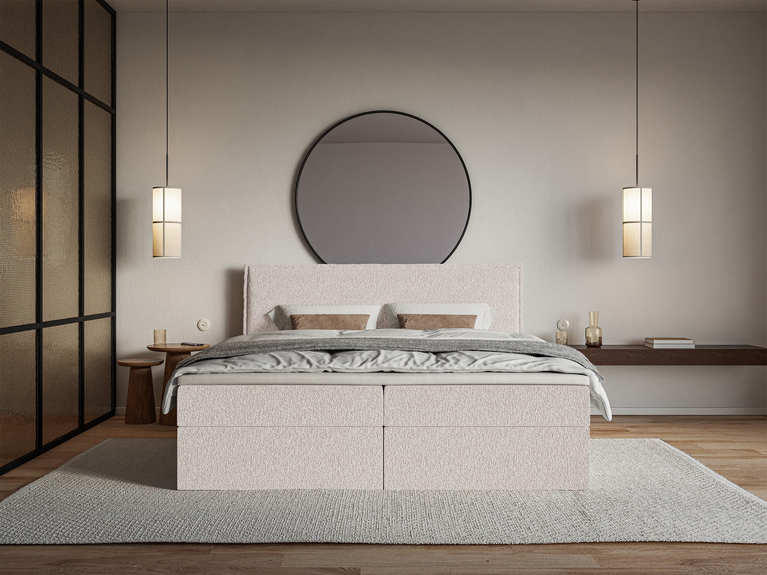 Łóżko kontynentalne 180x200 cm Softie z pojemnikami i topperem beżowe szenil
