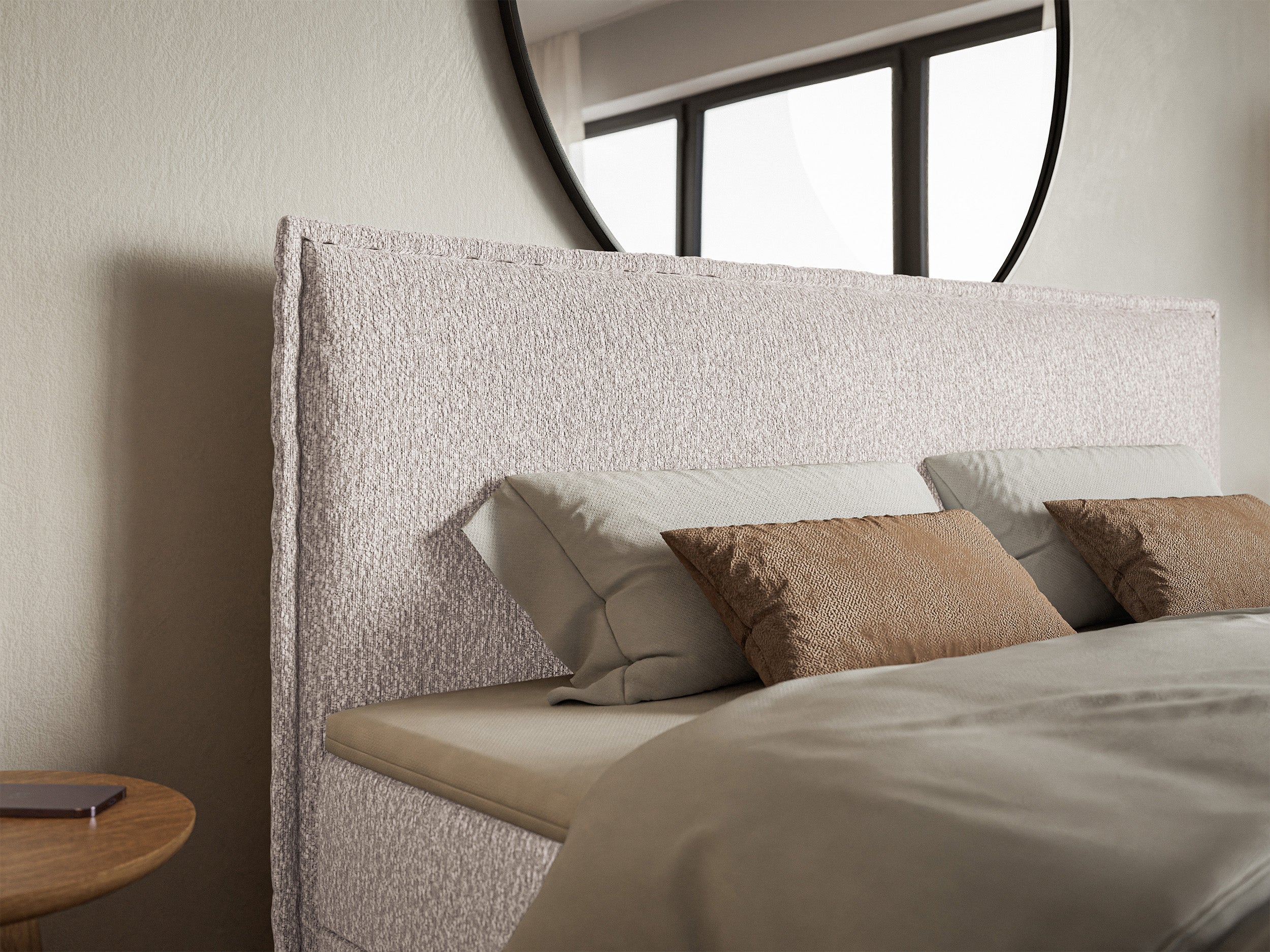 Łóżko kontynentalne 140x200 cm Softie z pojemnikami i topperem beżowe szenil