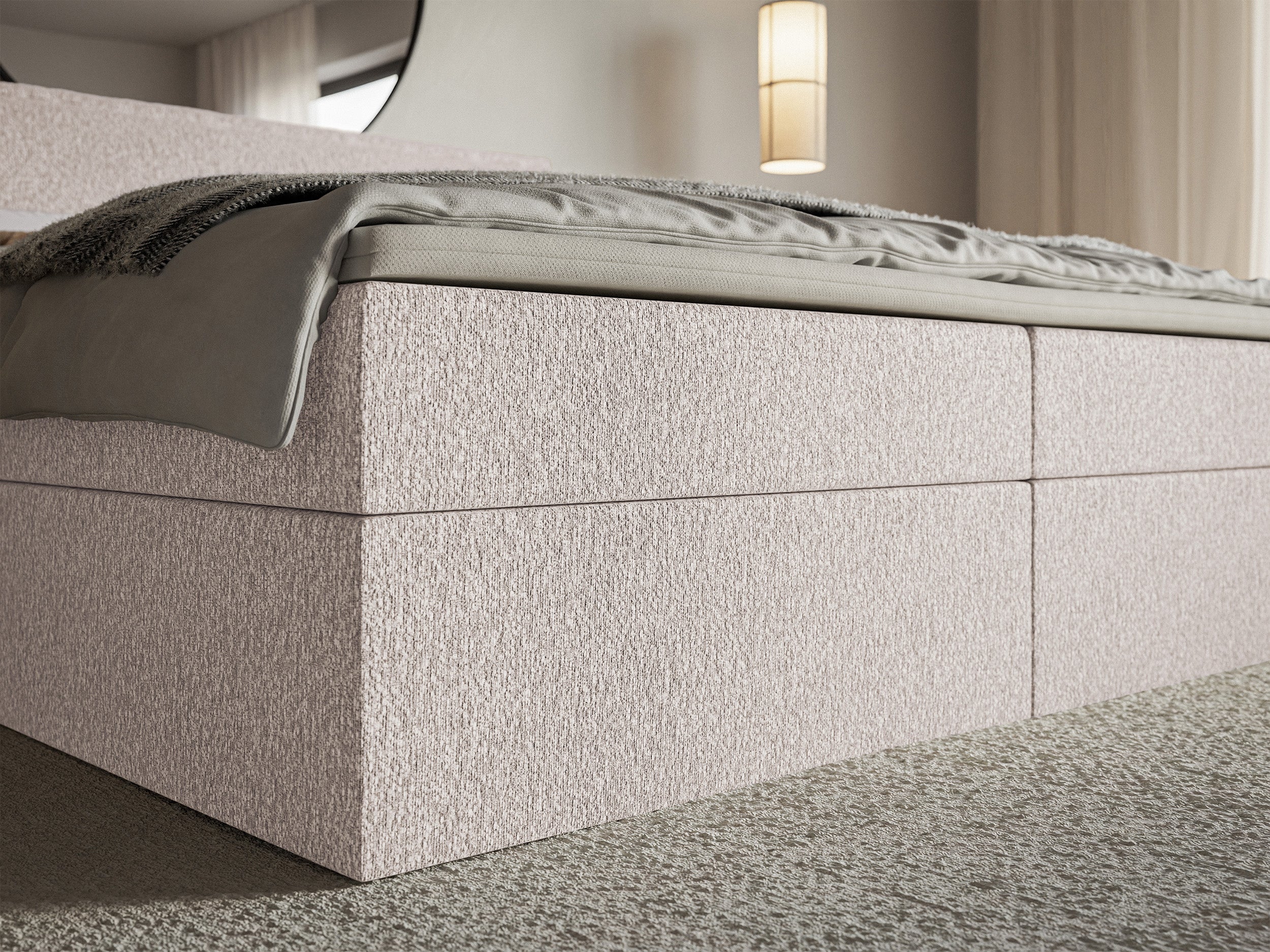 Łóżko kontynentalne 140x200 cm Softie z pojemnikami i topperem beżowe szenil