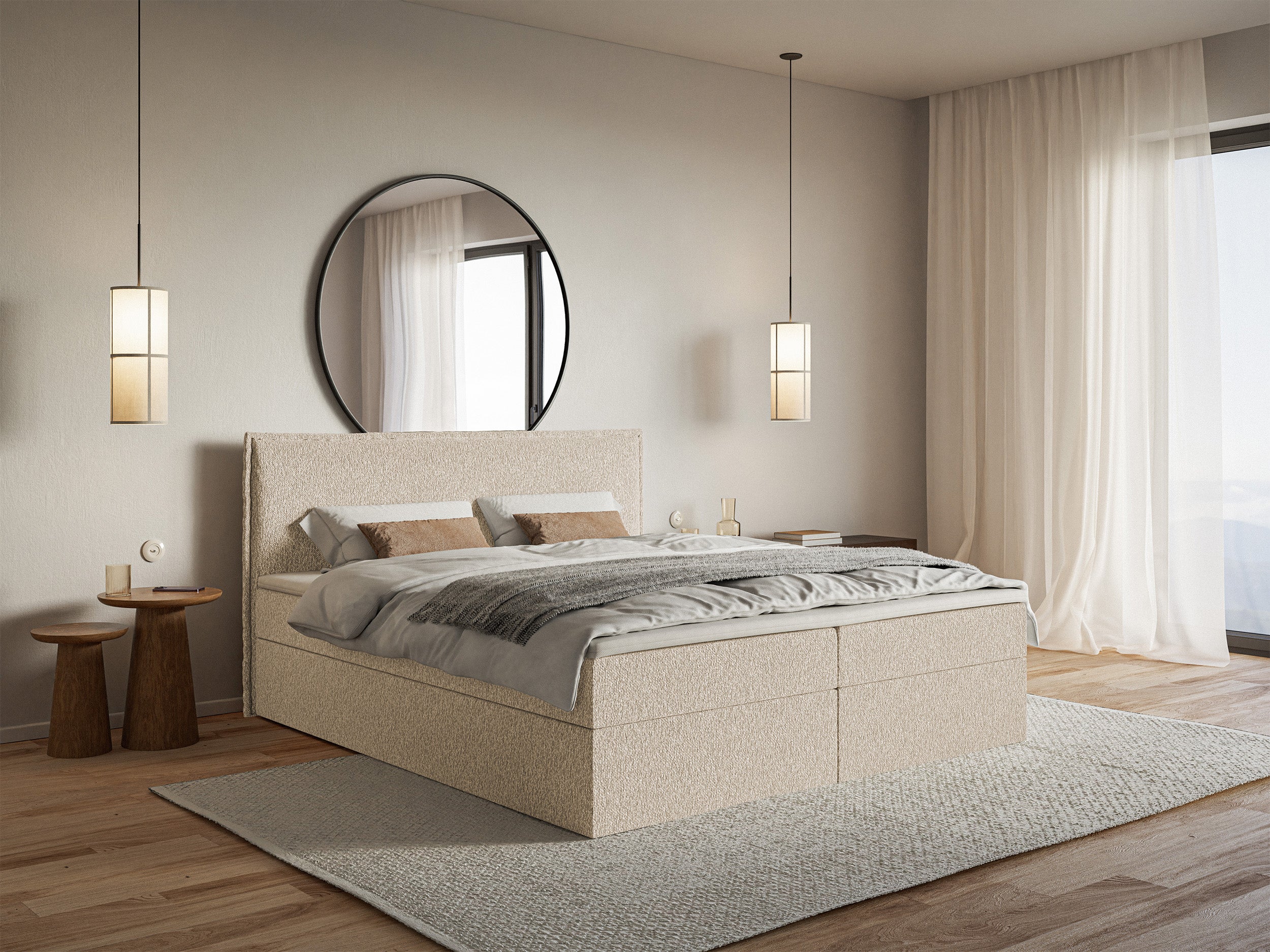 Łóżko kontynentalne 160x200 cm Softie z pojemnikami i topperem jasnobeżowe szenil