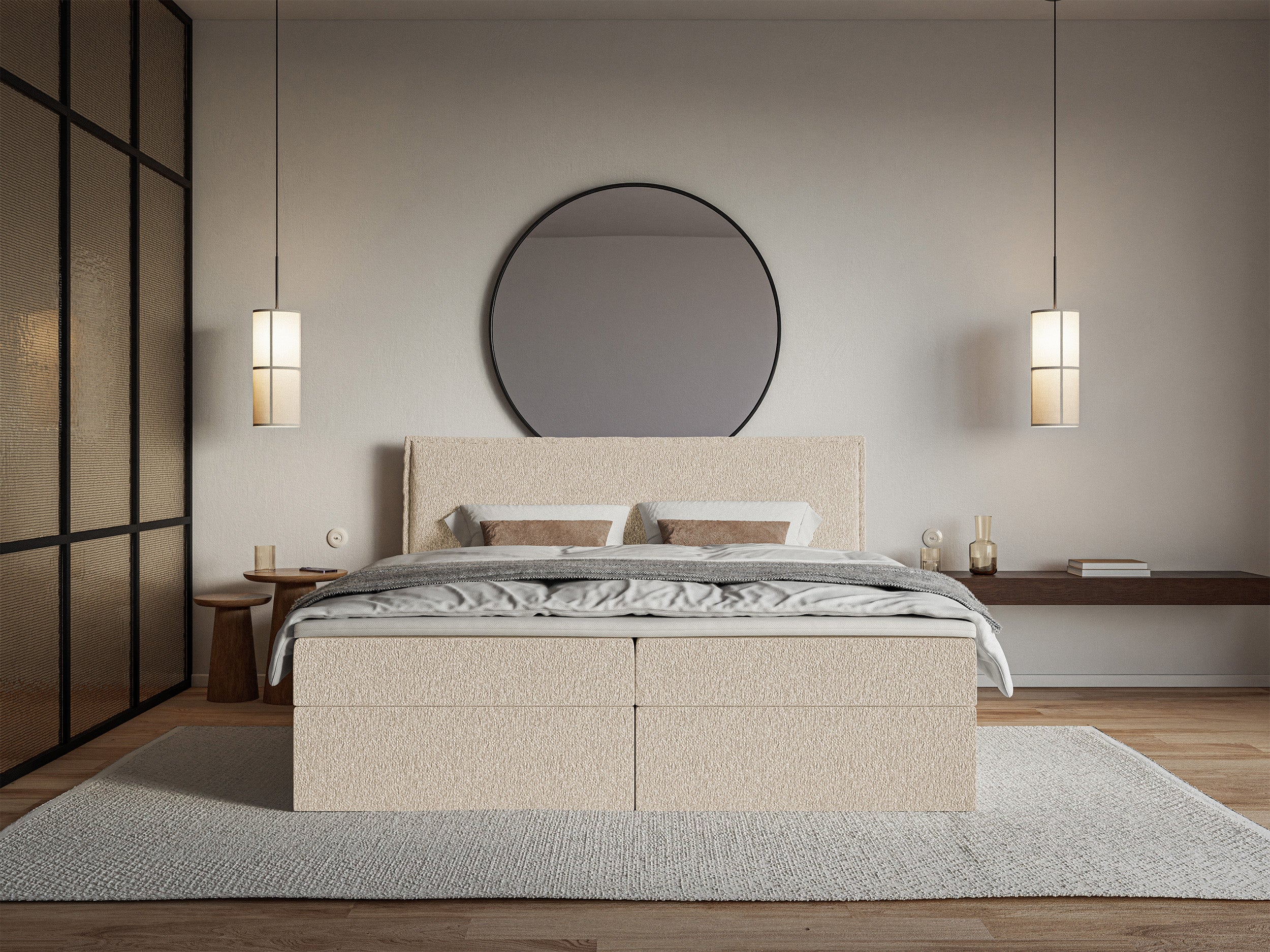 Łóżko kontynentalne 160x200 cm Softie z pojemnikami i topperem jasnobeżowe szenil