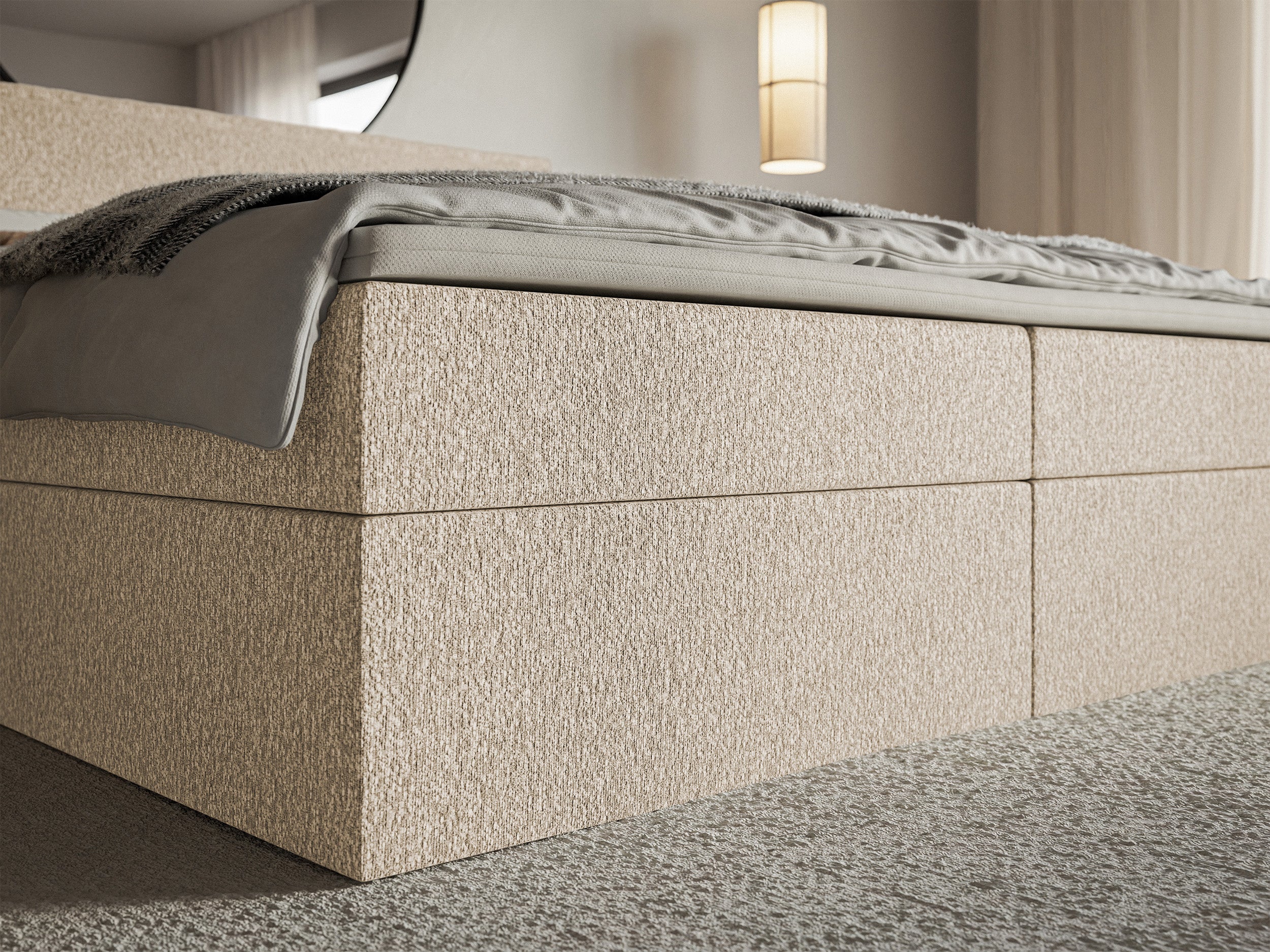Łóżko kontynentalne 160x200 cm Softie z pojemnikami i topperem jasnobeżowe szenil