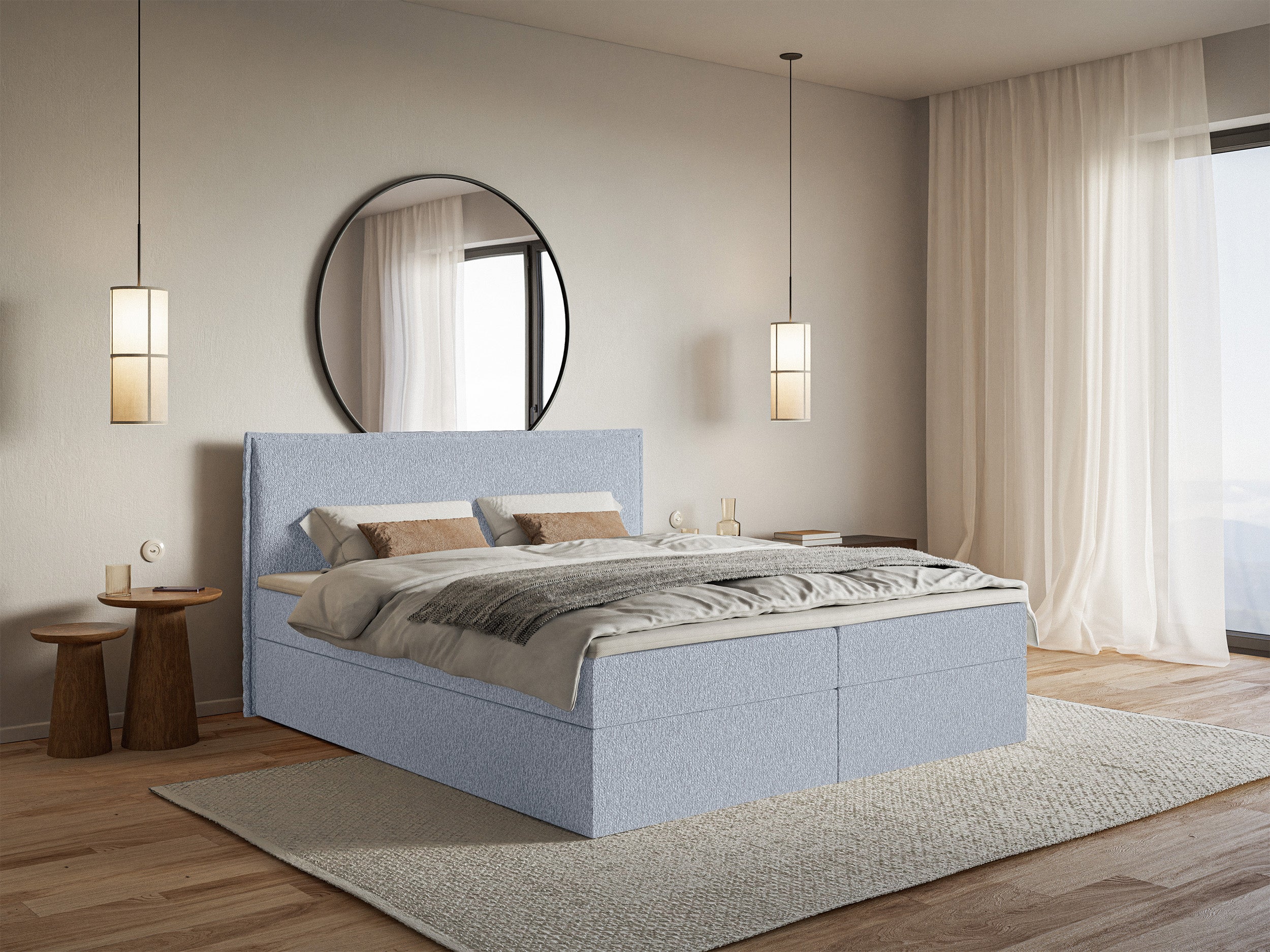 Łóżko kontynentalne 140x200 cm Softie z pojemnikami i topperem błękitne szenil