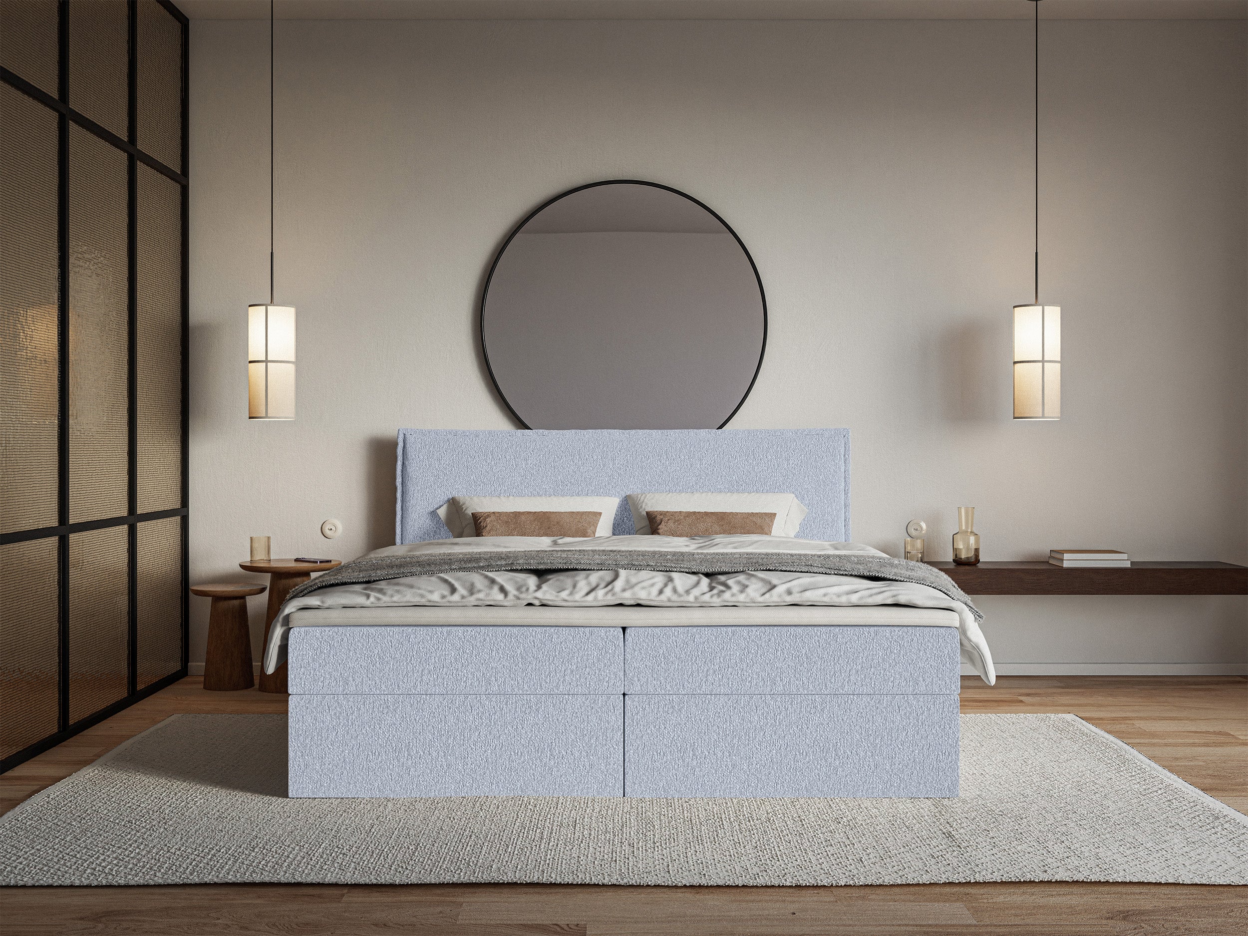 Łóżko kontynentalne 180x200 cm Softie z pojemnikami i topperem błękitne szenil