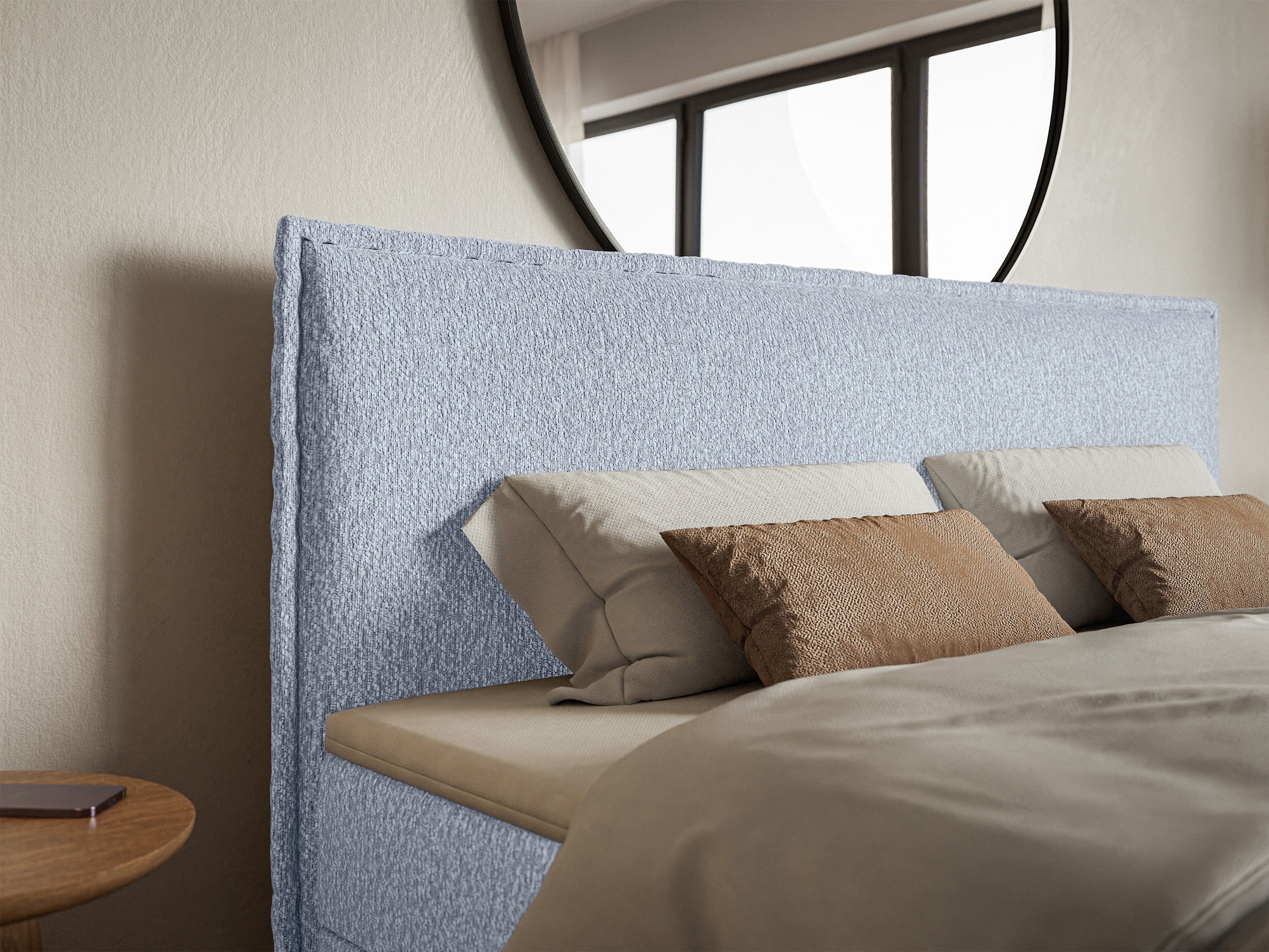 Łóżko kontynentalne 140x200 cm Softie z pojemnikami i topperem błękitne szenil