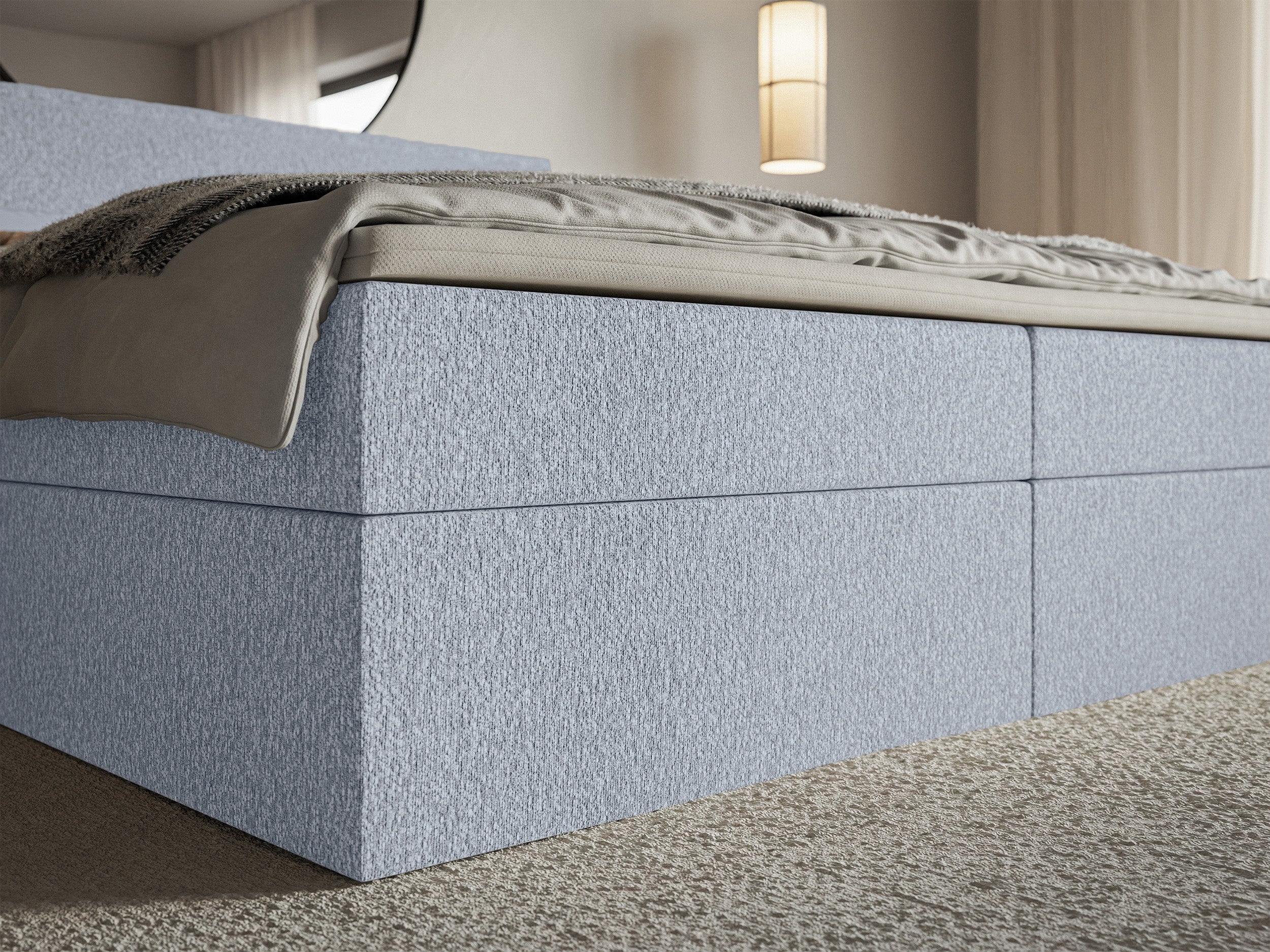 Łóżko kontynentalne 140x200 cm Softie z pojemnikami i topperem błękitne szenil
