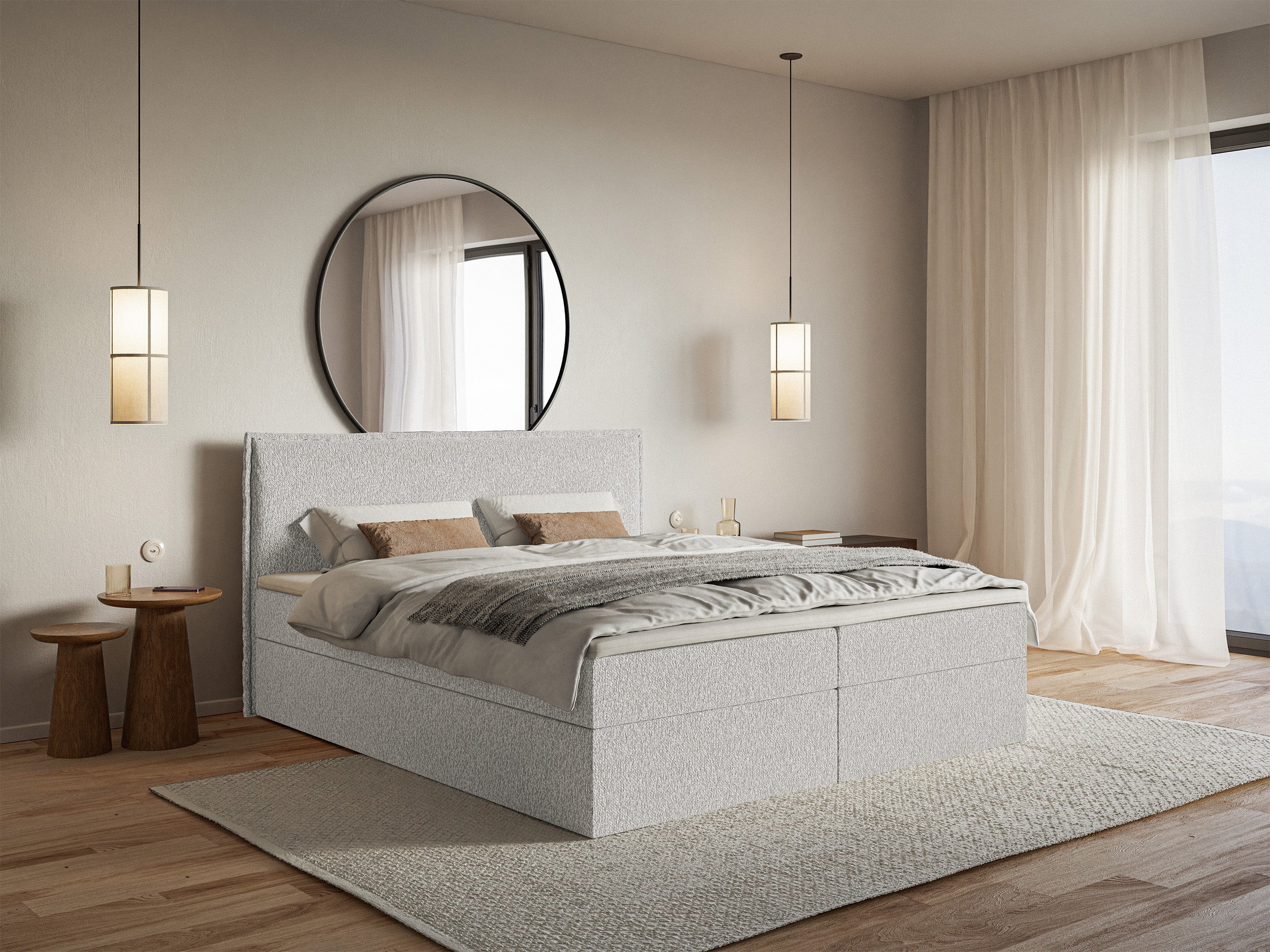 Łóżko kontynentalne 180x200 cm Softie z pojemnikami i topperem jasnoszare szenil