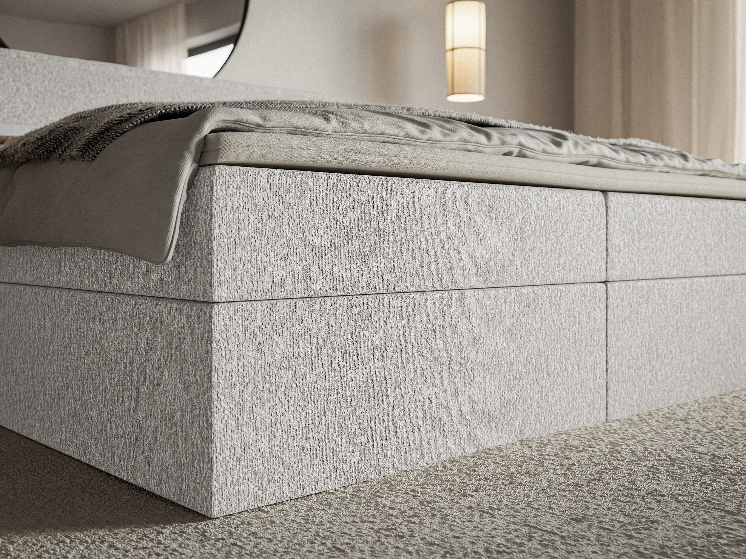 Łóżko kontynentalne 140x200 cm Softie z pojemnikami i topperem jasnoszare szenil