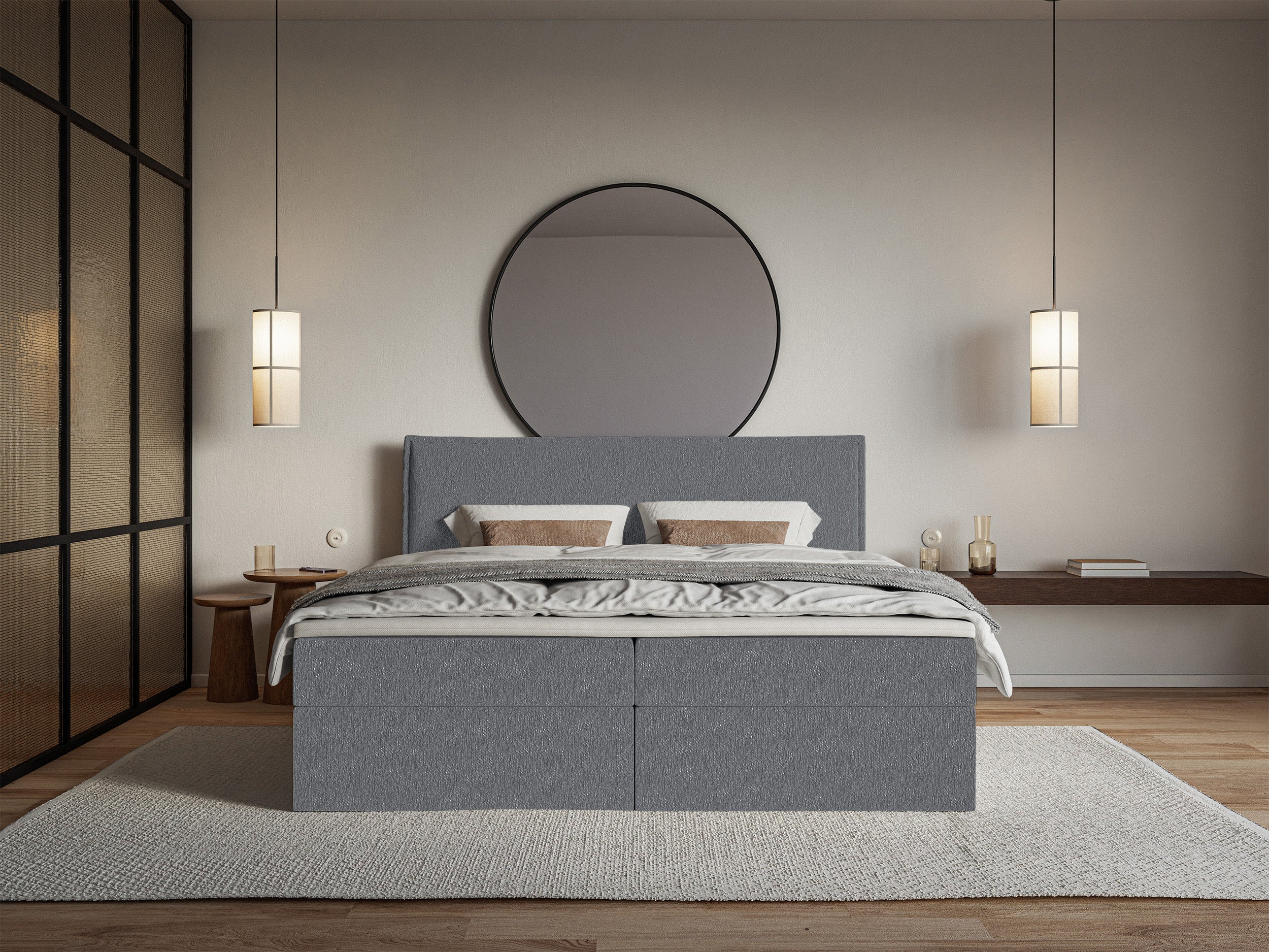Łóżko kontynentalne 140x200 cm Softie z pojemnikami i topperem grafitowe szenil