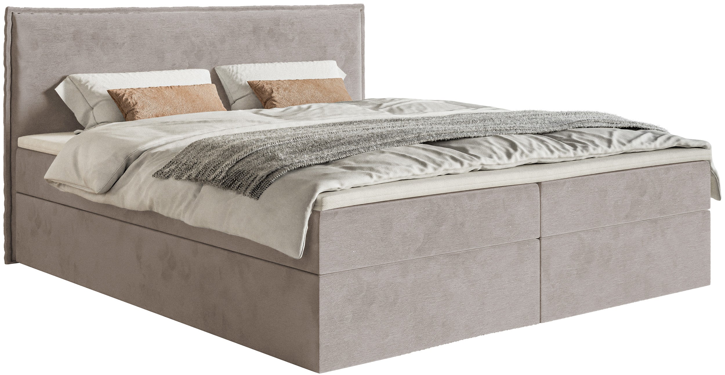 Łóżko kontynentalne 160x200 cm Softie z pojemnikami i topperem szarobrązowe welur hydrofobowy