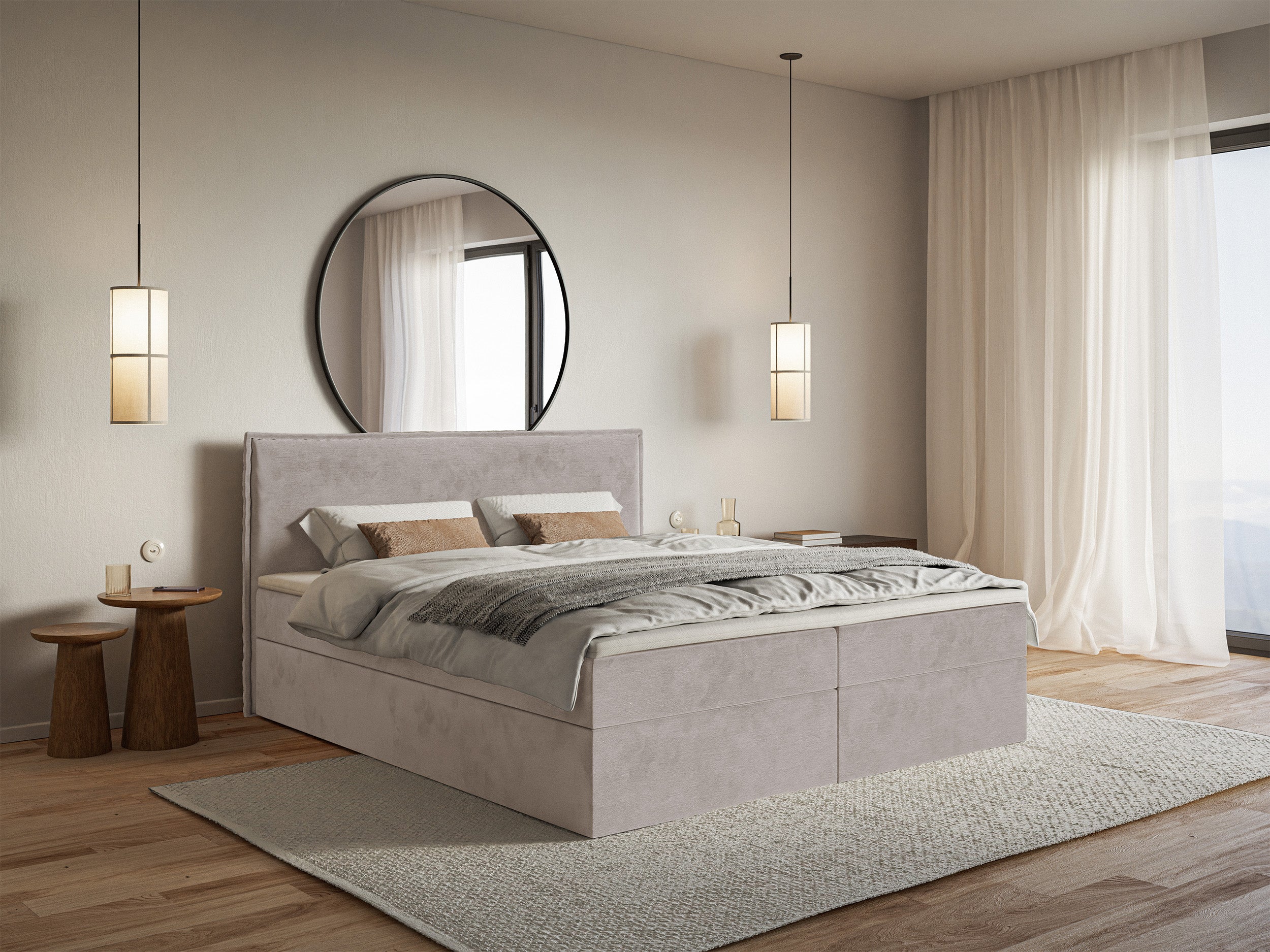 Łóżko kontynentalne 180x200 cm Softie z pojemnikami i topperem szarobrązowe welur hydrofobowy