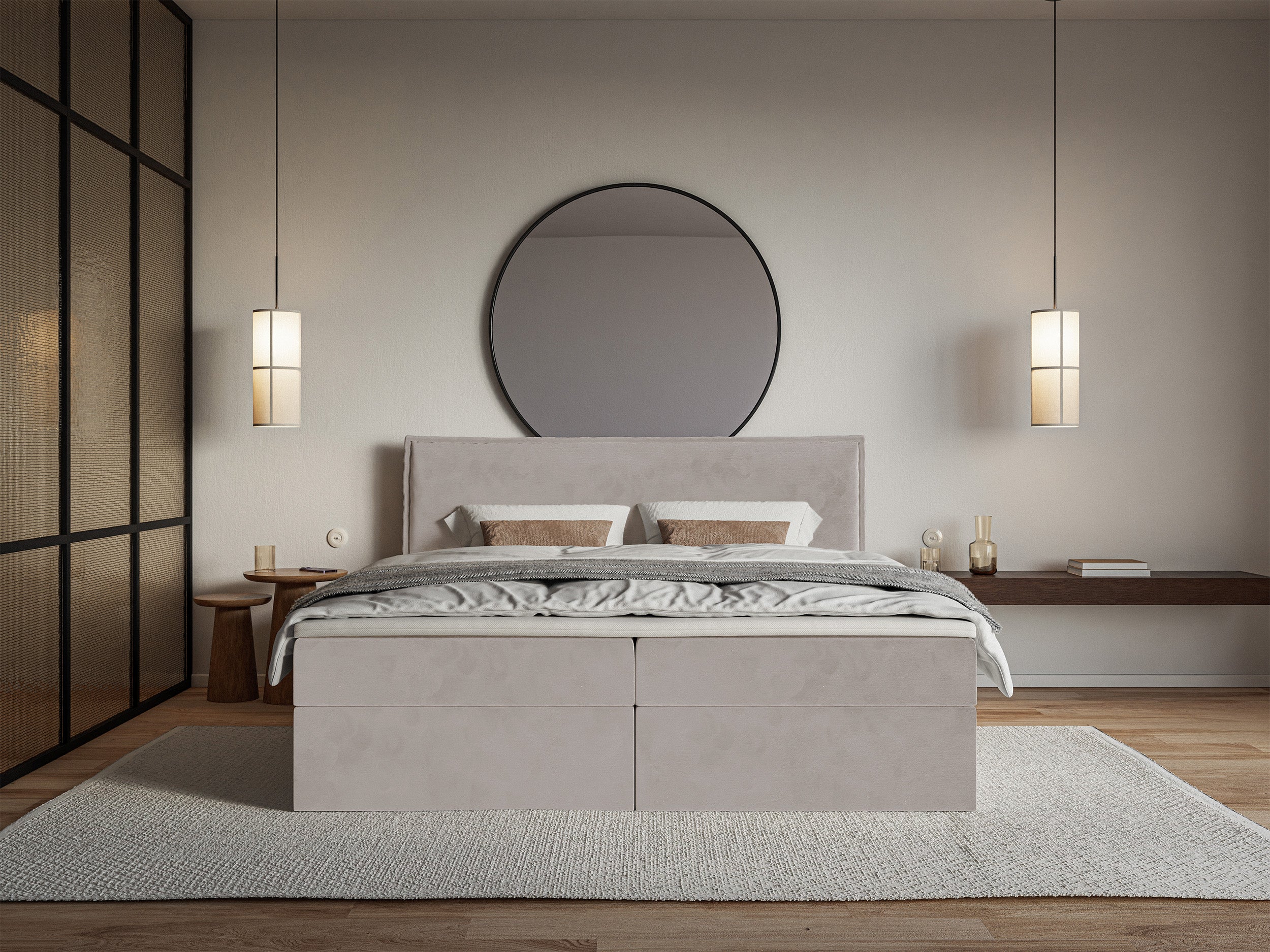 Łóżko kontynentalne 180x200 cm Softie z pojemnikami i topperem szarobrązowe welur hydrofobowy