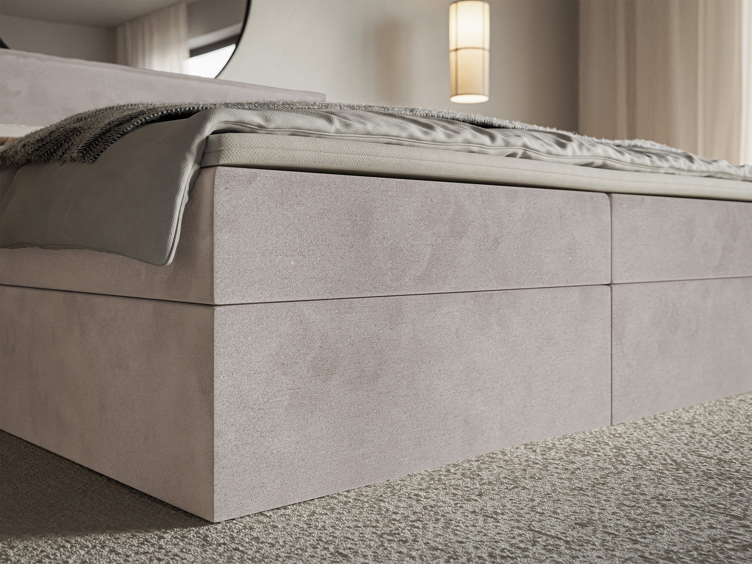 Łóżko kontynentalne 140x200 cm Softie z pojemnikami i topperem szarobrązowe welur hydrofobowy