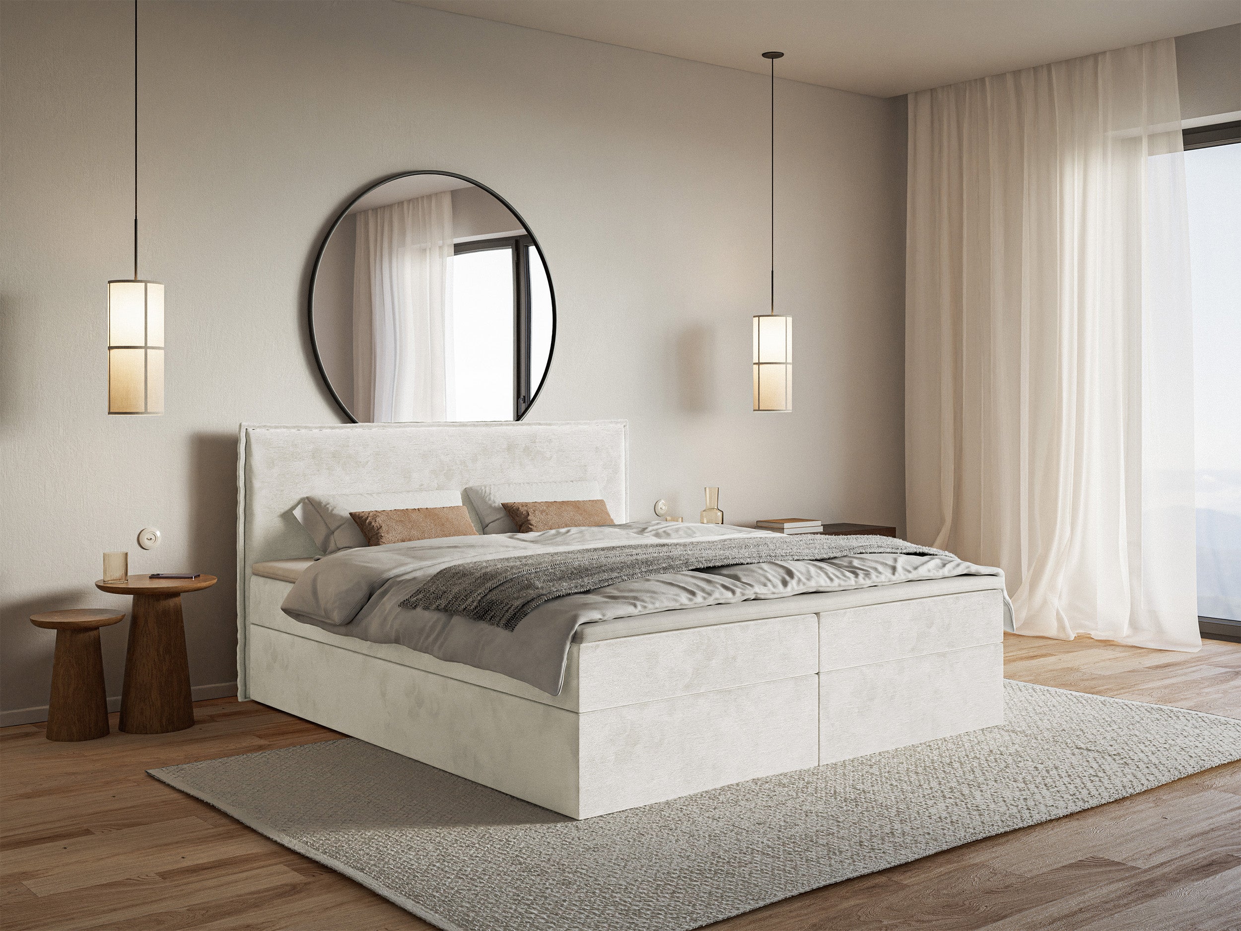 Łóżko kontynentalne 140x200 cm Softie z pojemnikami i topperem szarobeżowe welur hydrofobowy