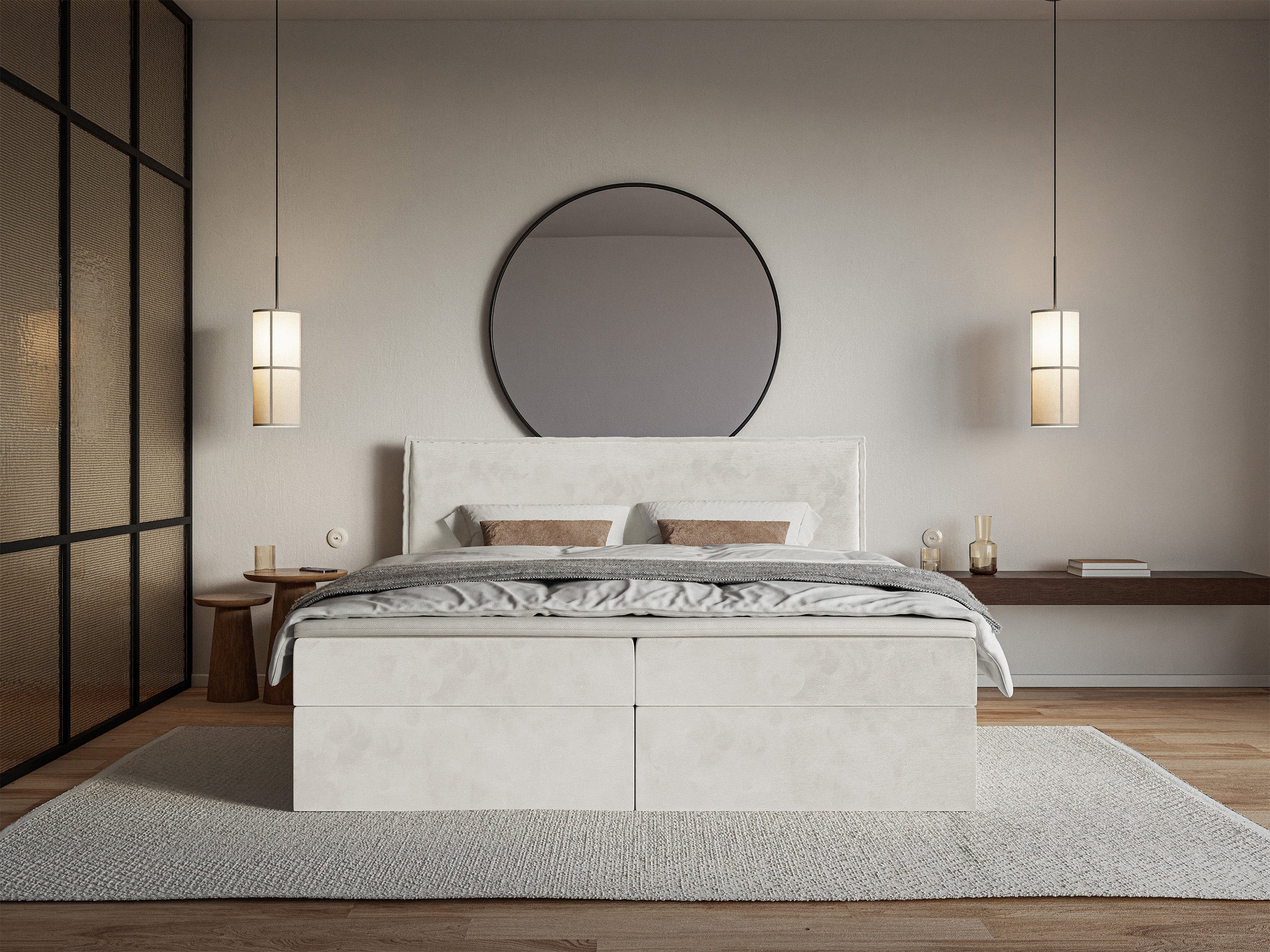 Łóżko kontynentalne 180x200 cm Softie z pojemnikami i topperem szarobeżowe welur hydrofobowy