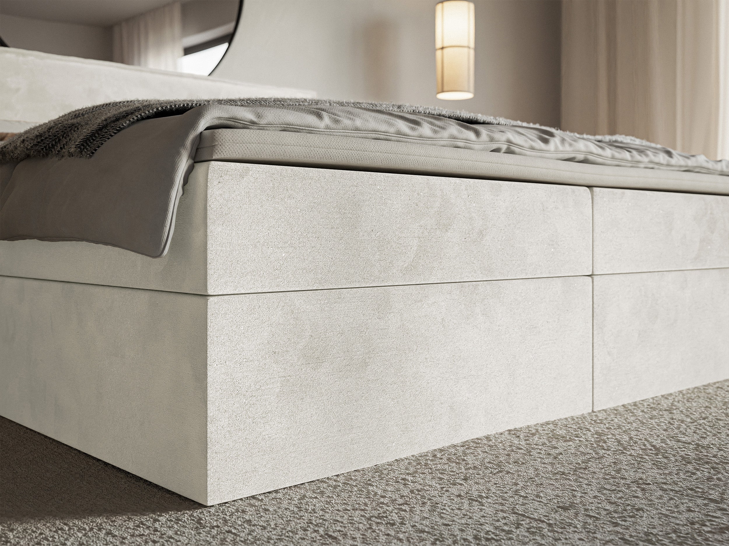 Łóżko kontynentalne 180x200 cm Softie z pojemnikami i topperem szarobeżowe welur hydrofobowy
