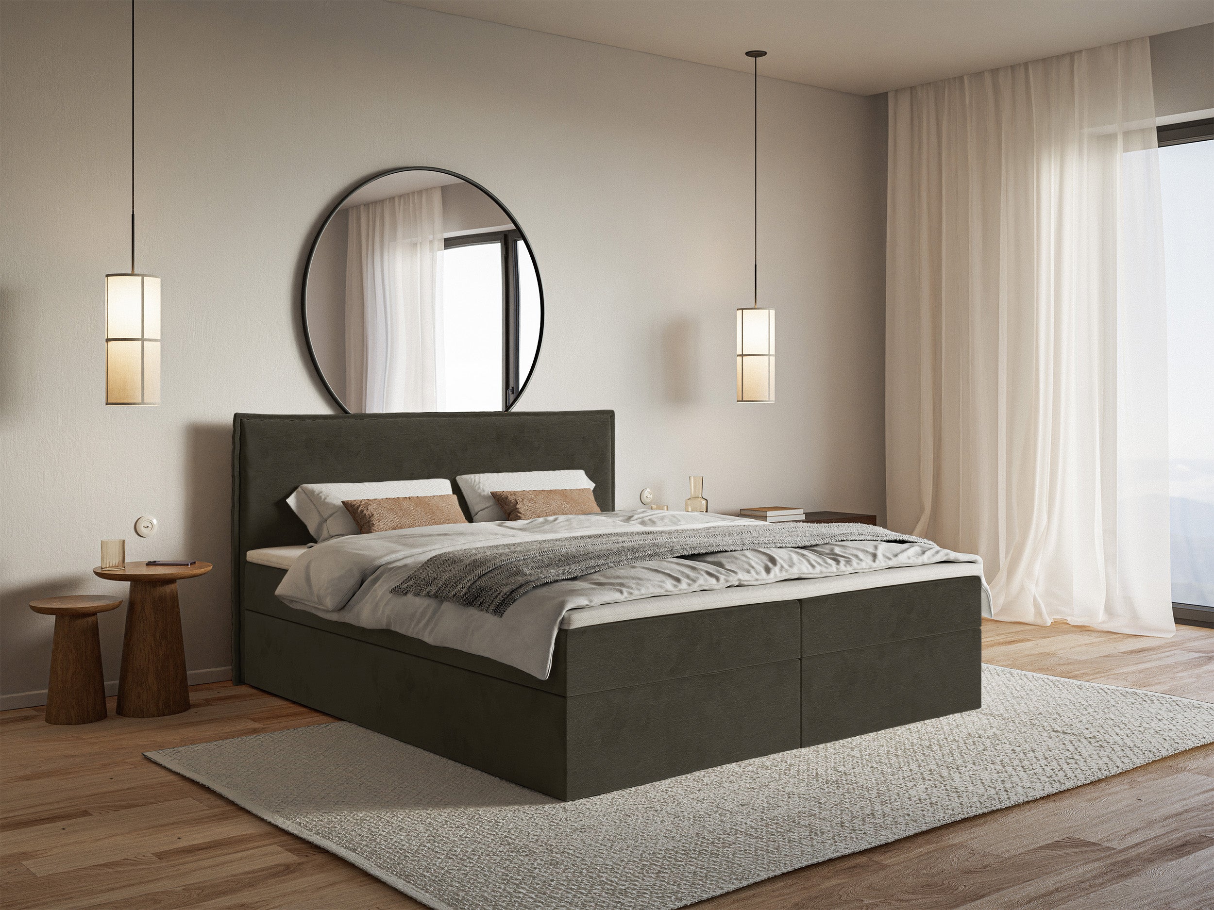 Łóżko kontynentalne 180x200 cm Softie z pojemnikami i topperem ciemnozielone welur hydrofobowy