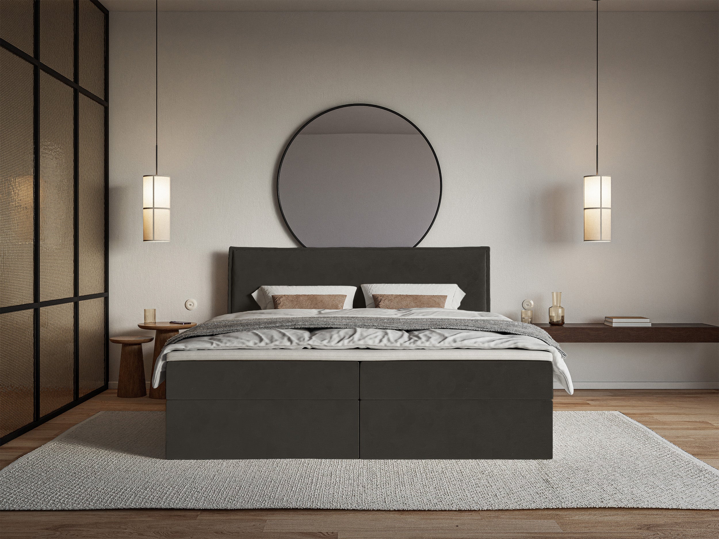 Łóżko kontynentalne 140x200 cm Softie z pojemnikami i topperem ciemnozielone welur hydrofobowy