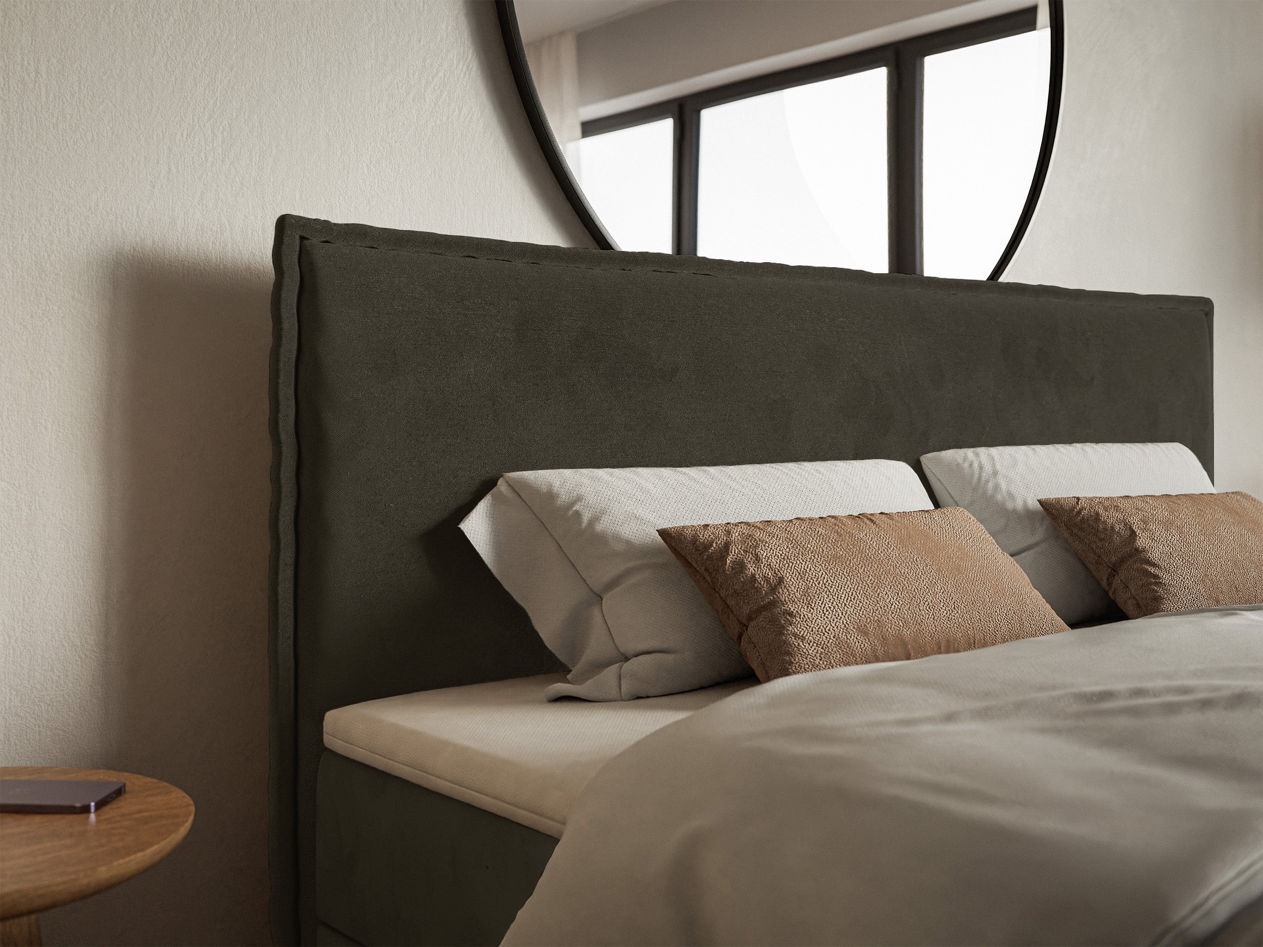 Łóżko kontynentalne 180x200 cm Softie z pojemnikami i topperem ciemnozielone welur hydrofobowy