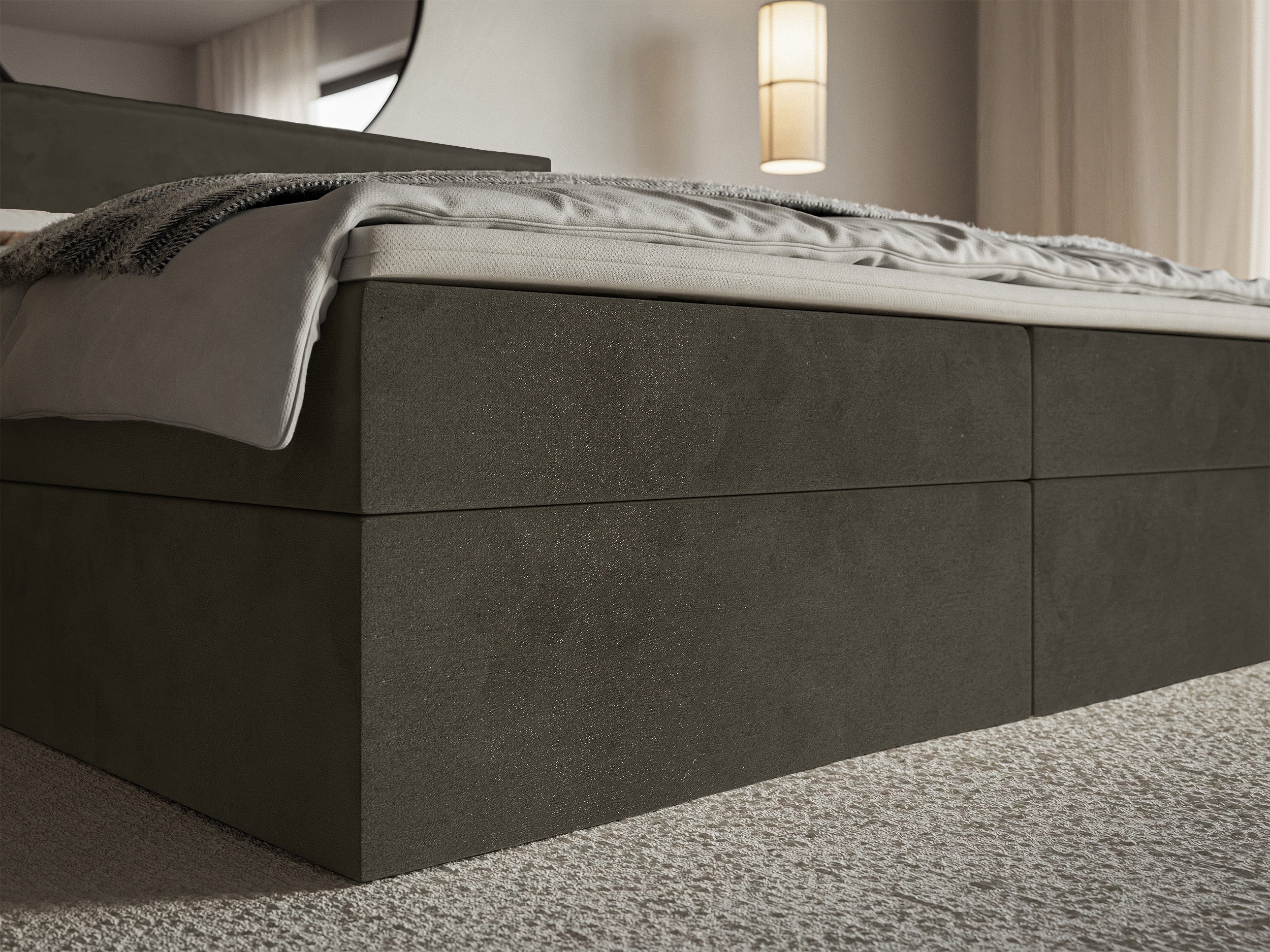 Łóżko kontynentalne 180x200 cm Softie z pojemnikami i topperem ciemnozielone welur hydrofobowy