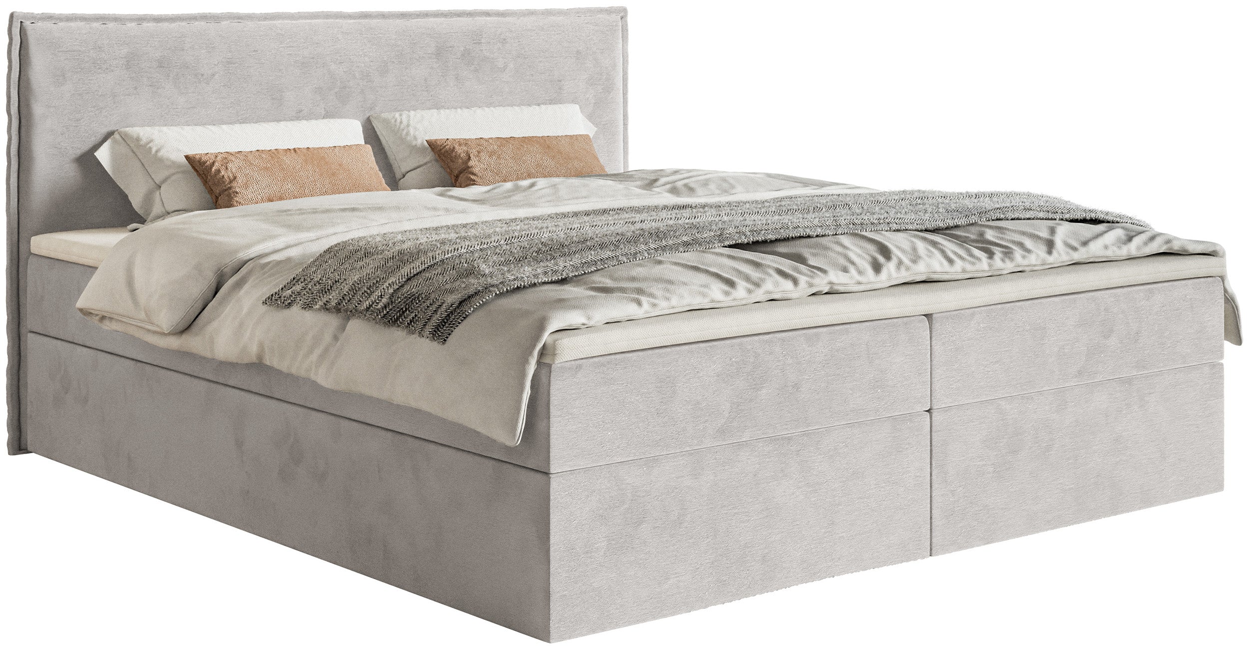 Łóżko kontynentalne 160x200 cm Softie z pojemnikami i topperem jasnoszare welur hydrofobowy