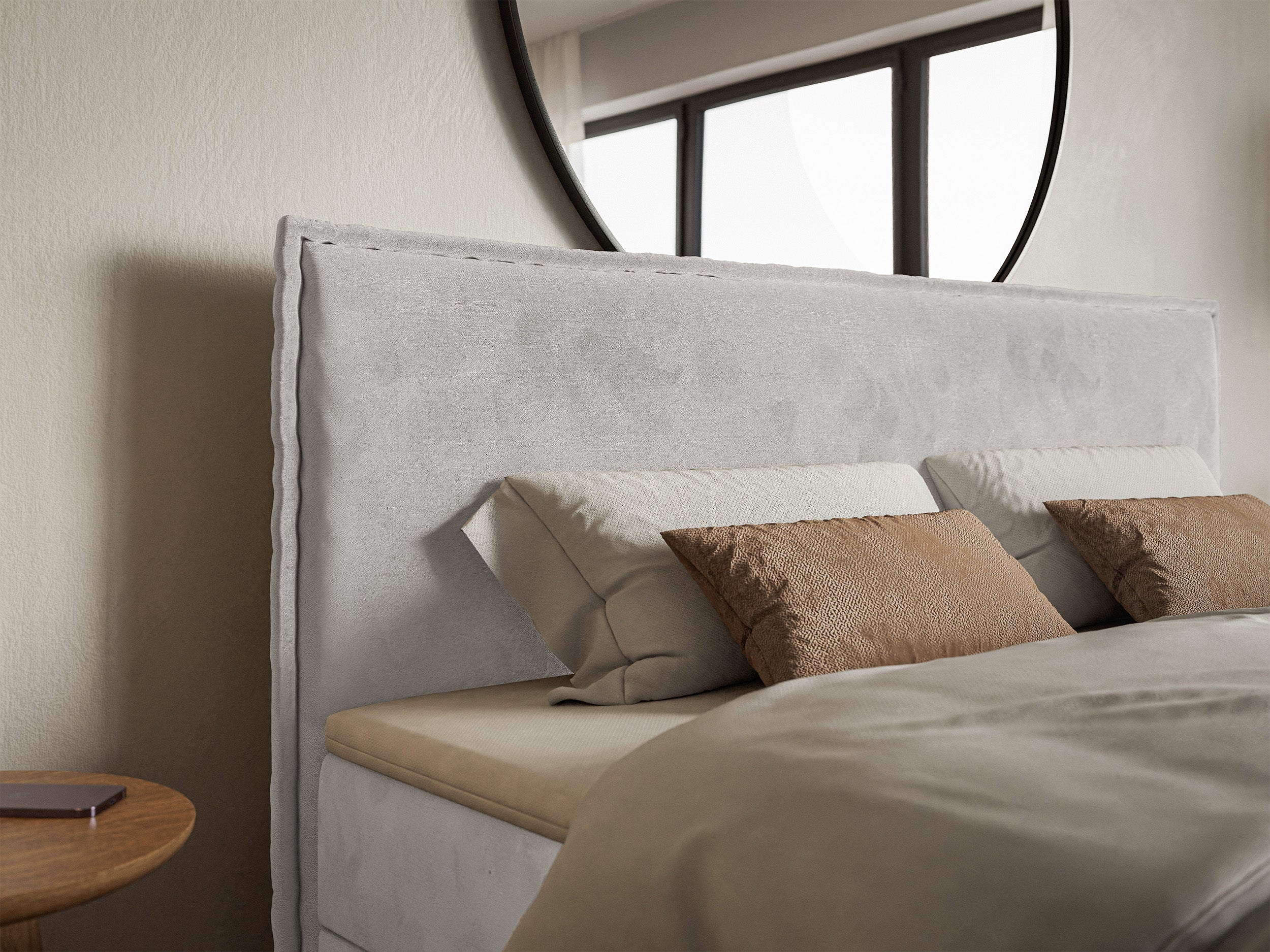 Łóżko kontynentalne 180x200 cm Softie z pojemnikami i topperem jasnoszare welur hydrofobowy