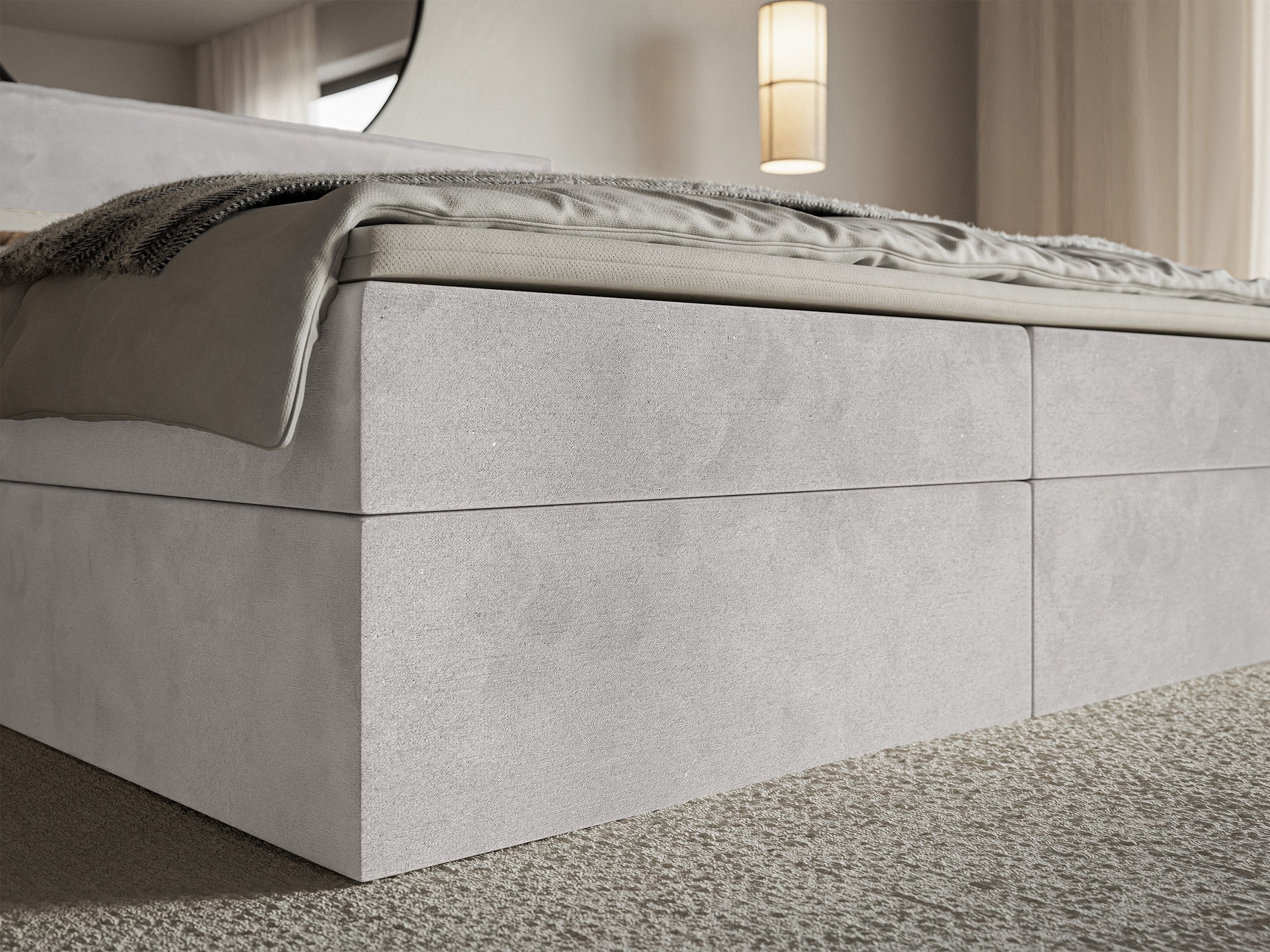 Łóżko kontynentalne 140x200 cm Softie z pojemnikami i topperem jasnoszare welur hydrofobowy