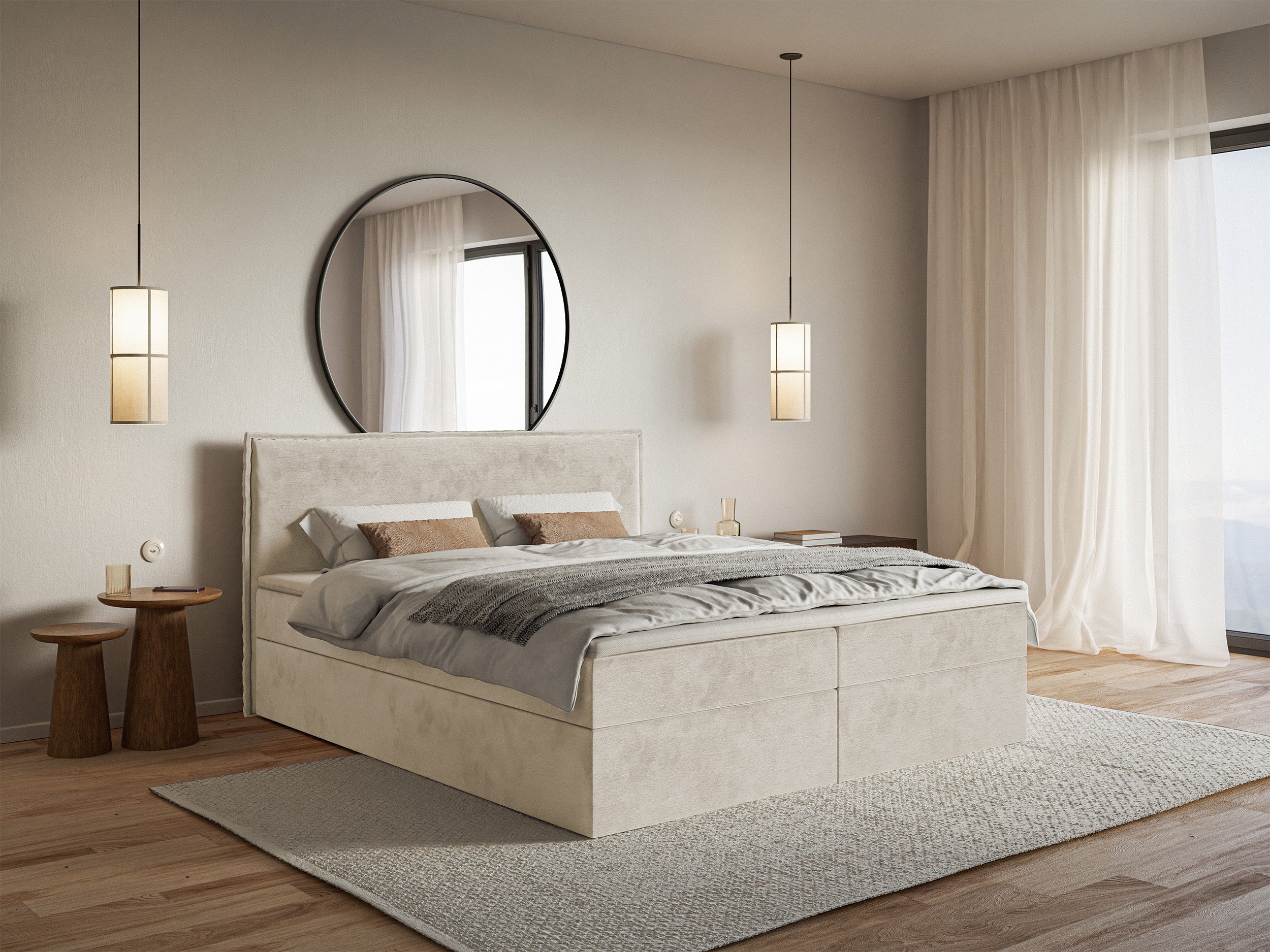 Łóżko kontynentalne 180x200 cm Softie z pojemnikami i topperem beżowe welur hydrofobowy