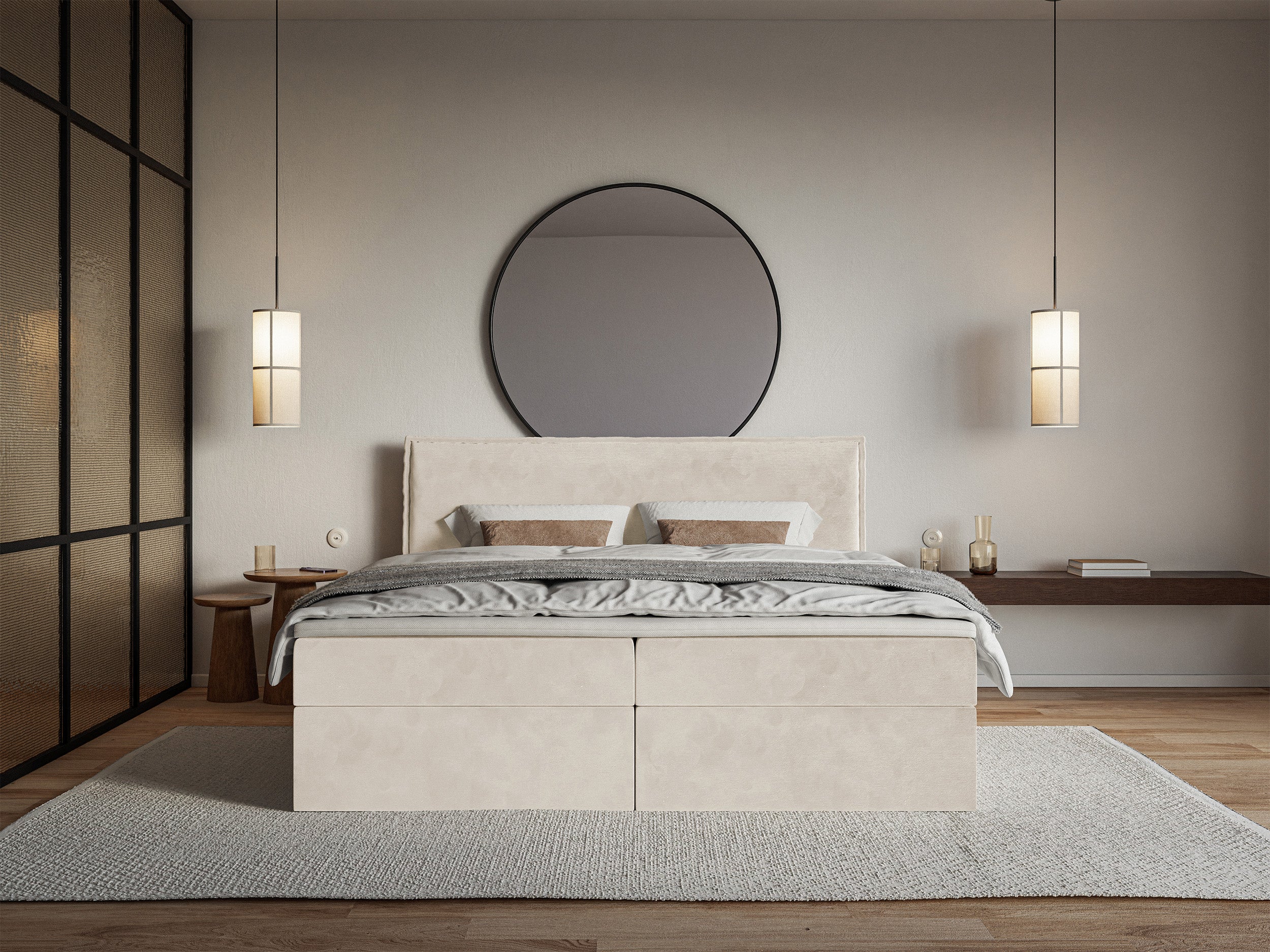 Łóżko kontynentalne 180x200 cm Softie z pojemnikami i topperem beżowe welur hydrofobowy