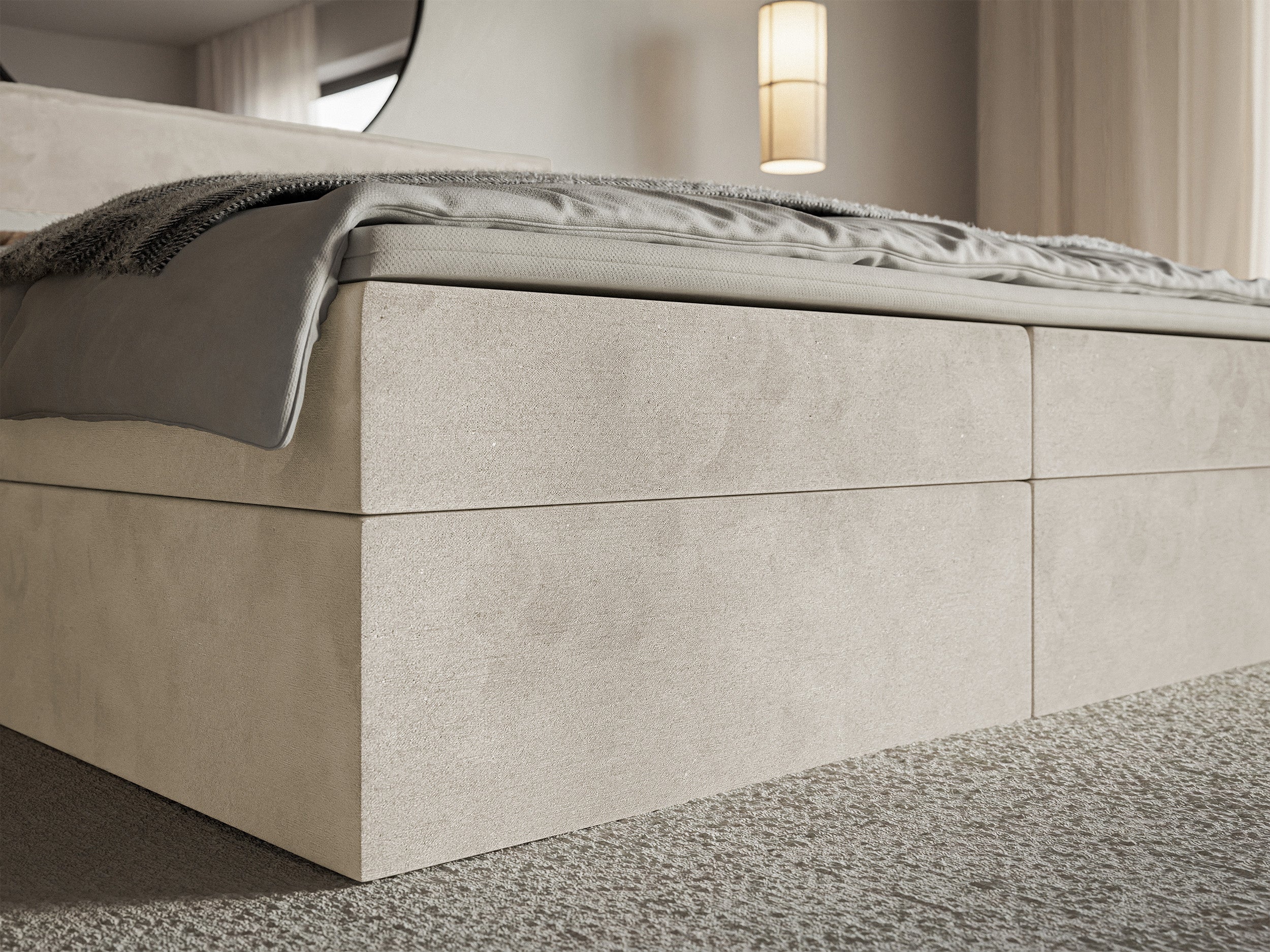 Łóżko kontynentalne 180x200 cm Softie z pojemnikami i topperem beżowe welur hydrofobowy