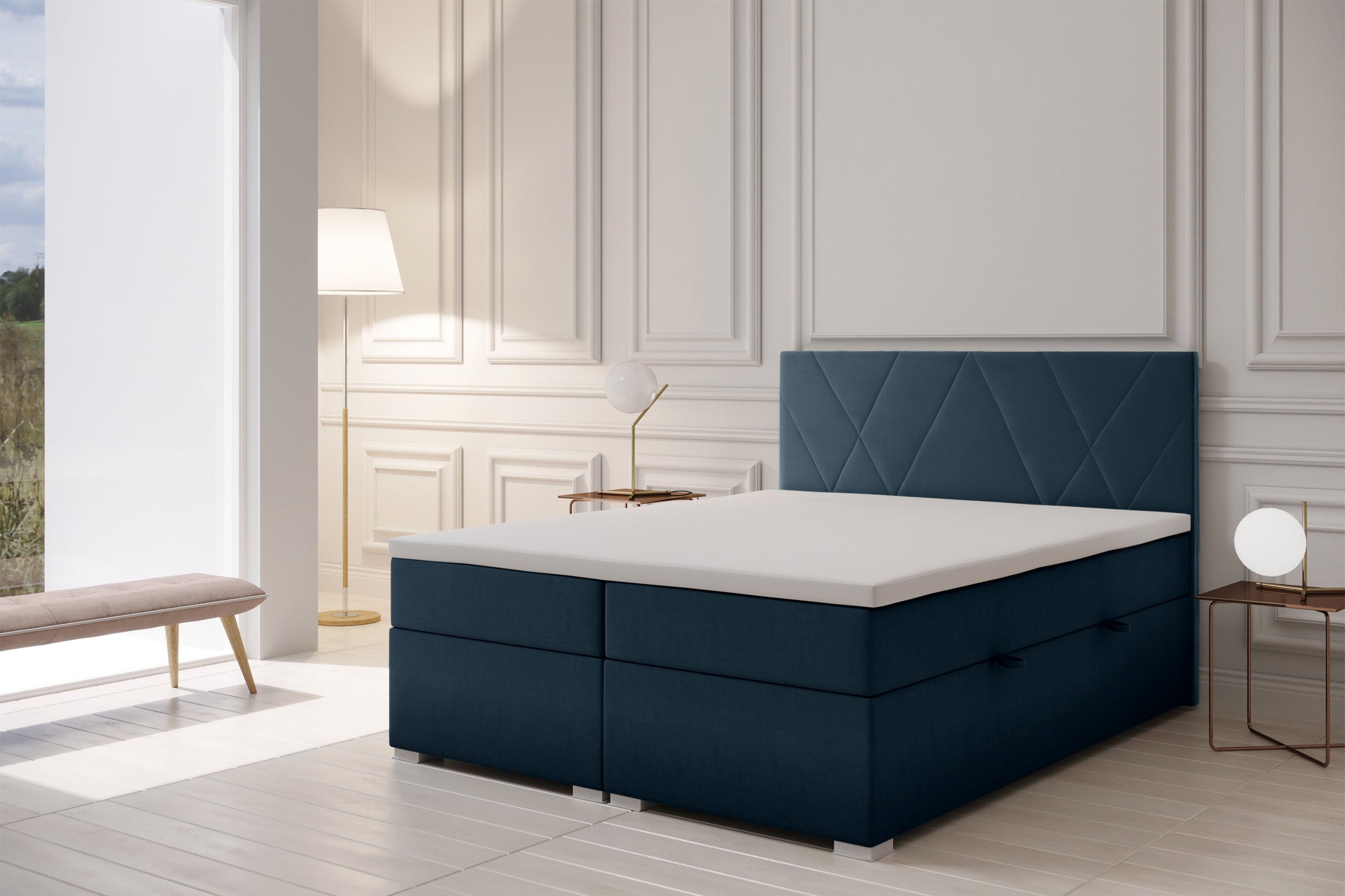 Łóżko kontynentalne 140x200 cm Korello z dwoma pojemnikami granatowe welur hydrofobowy