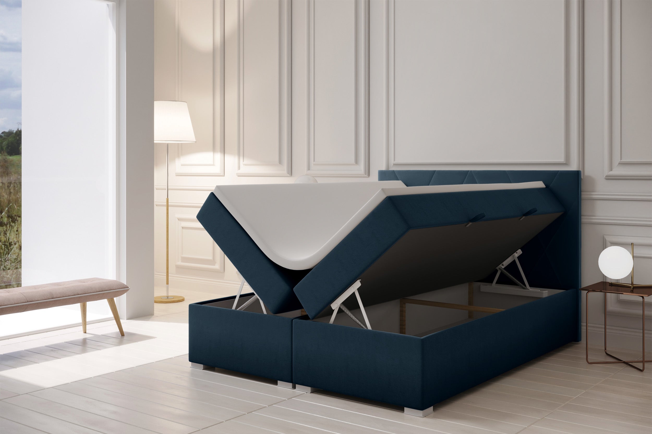 Łóżko kontynentalne 160x200 cm Korello z dwoma pojemnikami granatowe welur hydrofobowy