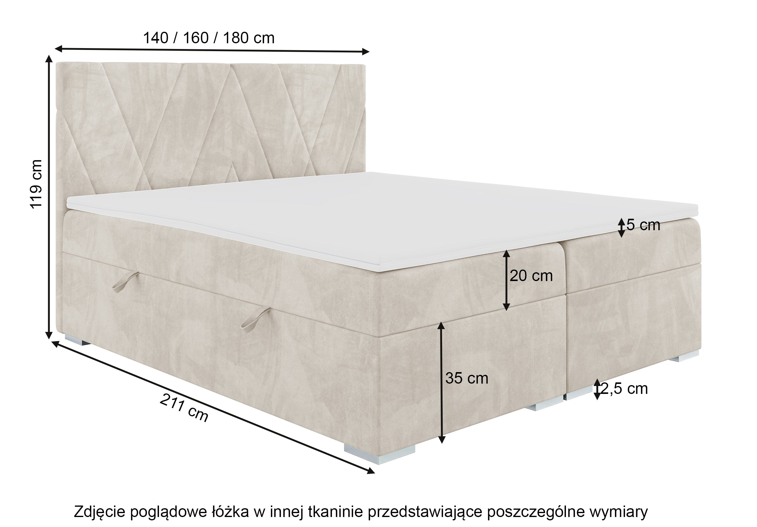 Łóżko kontynentalne 140x200 cm Korello z dwoma pojemnikami granatowe welur hydrofobowy