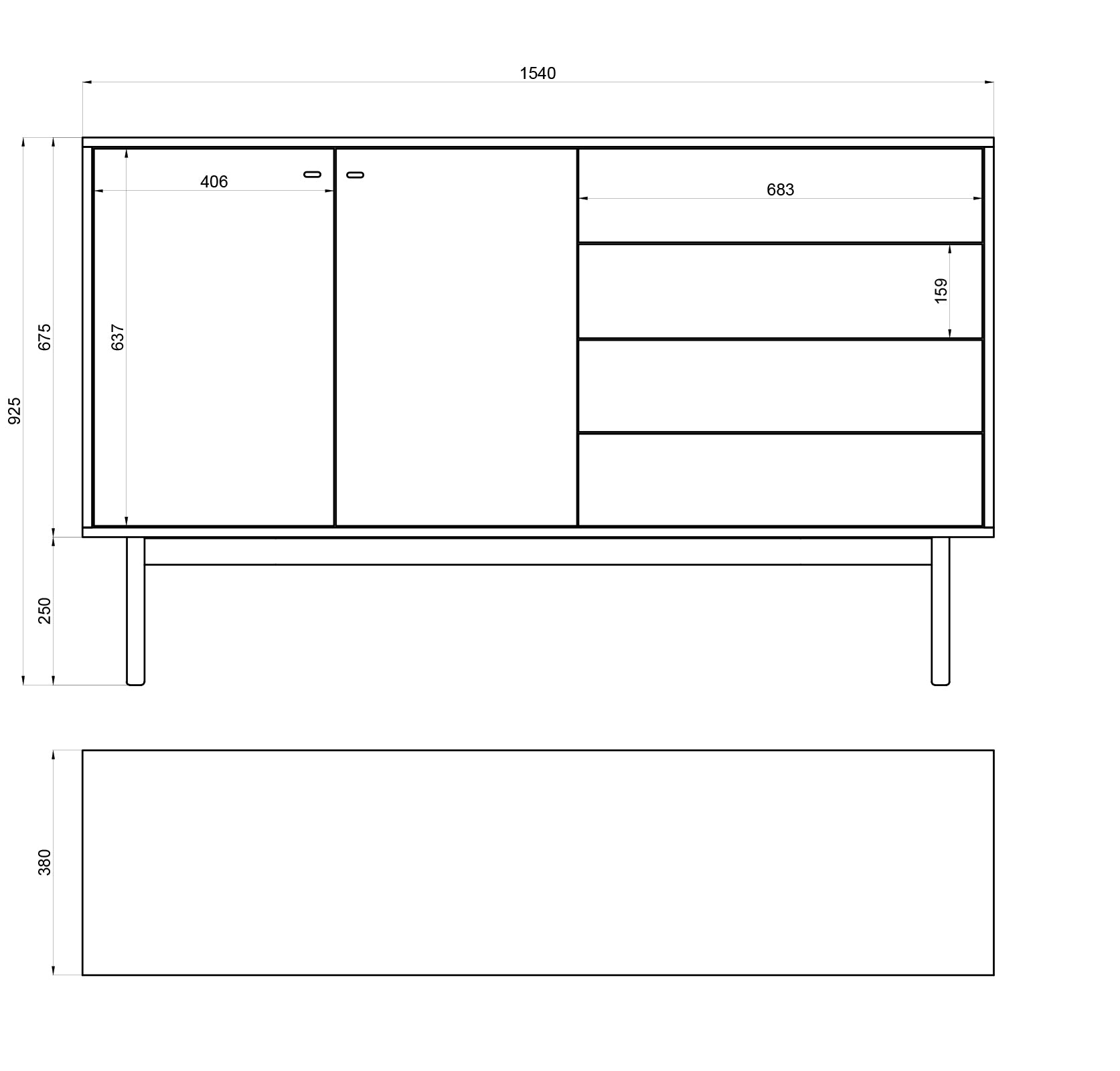 Komoda dwudrzwiowa Olar z czterema szufladami 154 cm Jesion Portland czarny