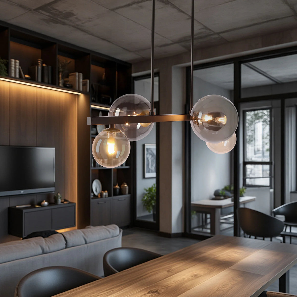 Lampa wisząca Kama x4 czarno-złota w aranżacji wnętrza
