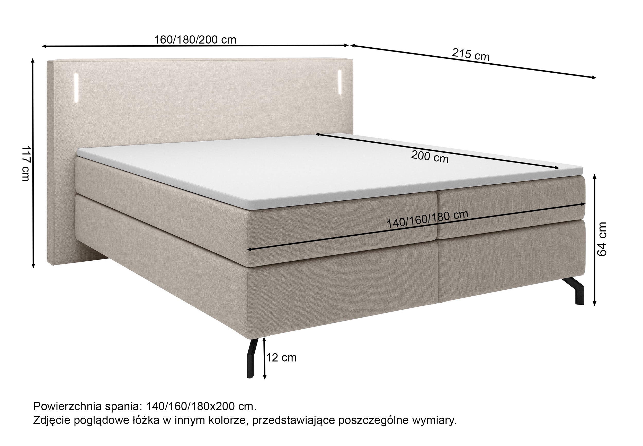 Łóżko kontynentalne Lanko 140x200 cm z topperem i oświetleniem szary welur