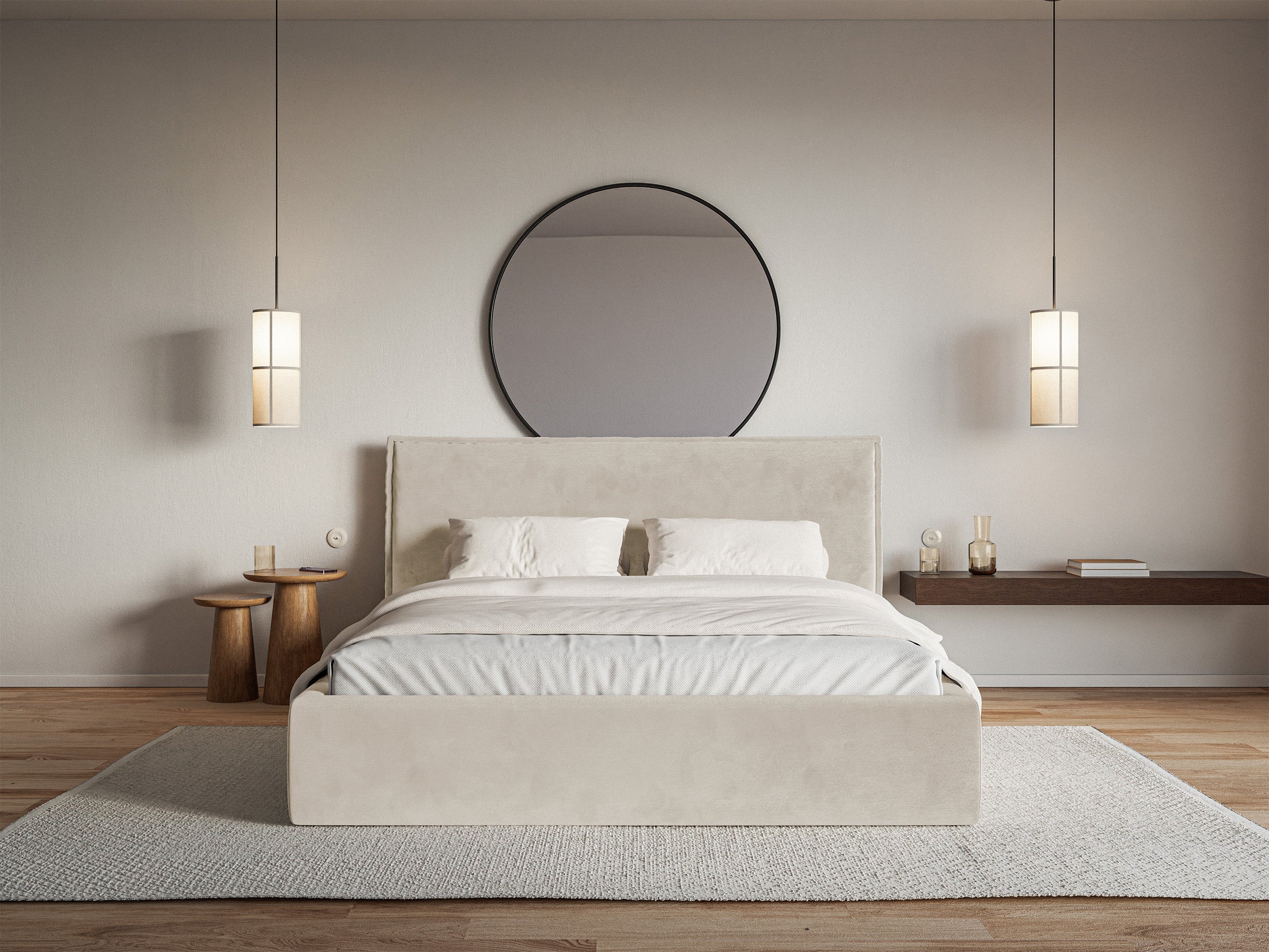 Łóżko tapicerowane 140x200 cm Softie z pojemnikiem beżowe welur hydrofobowy stelaż metalowy