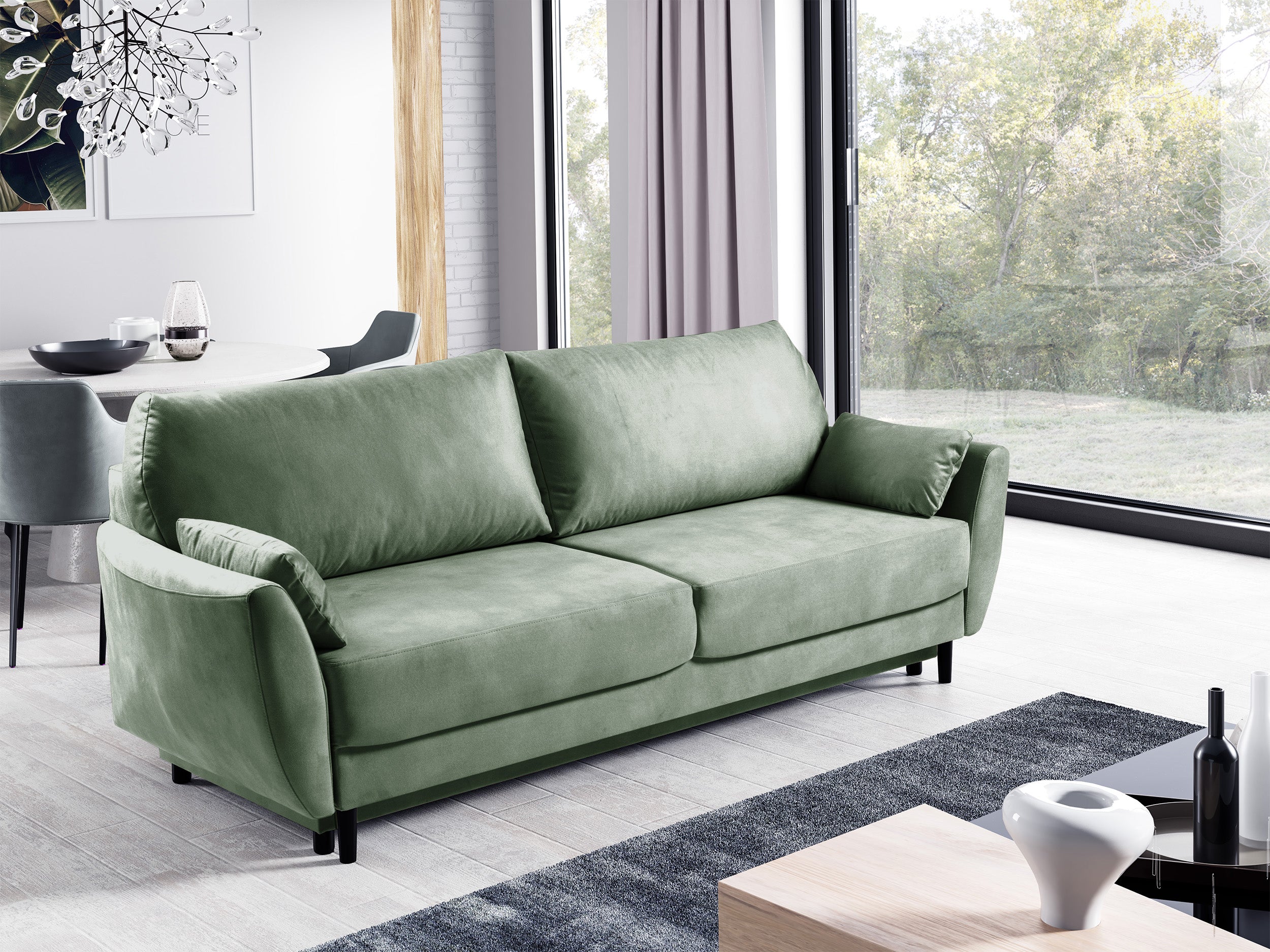 Kanapa rozkładana trzyosobowa Toivola z pojemnikiem jasnozielona velvet hydrofobowa