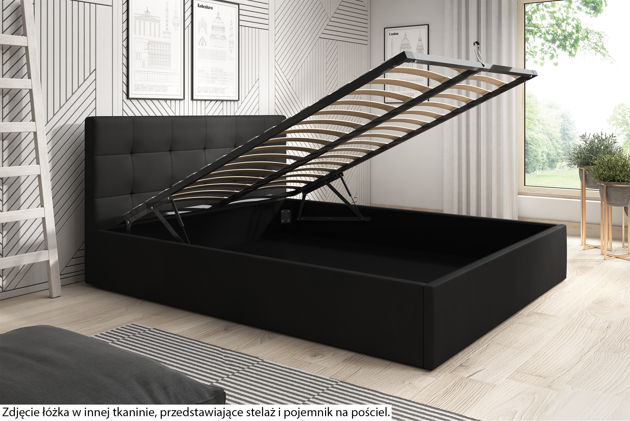 Łóżko tapicerowane 180x200 cm Laureno z pojemnikiem na pościel granatowe plecionka stelaż metalowy