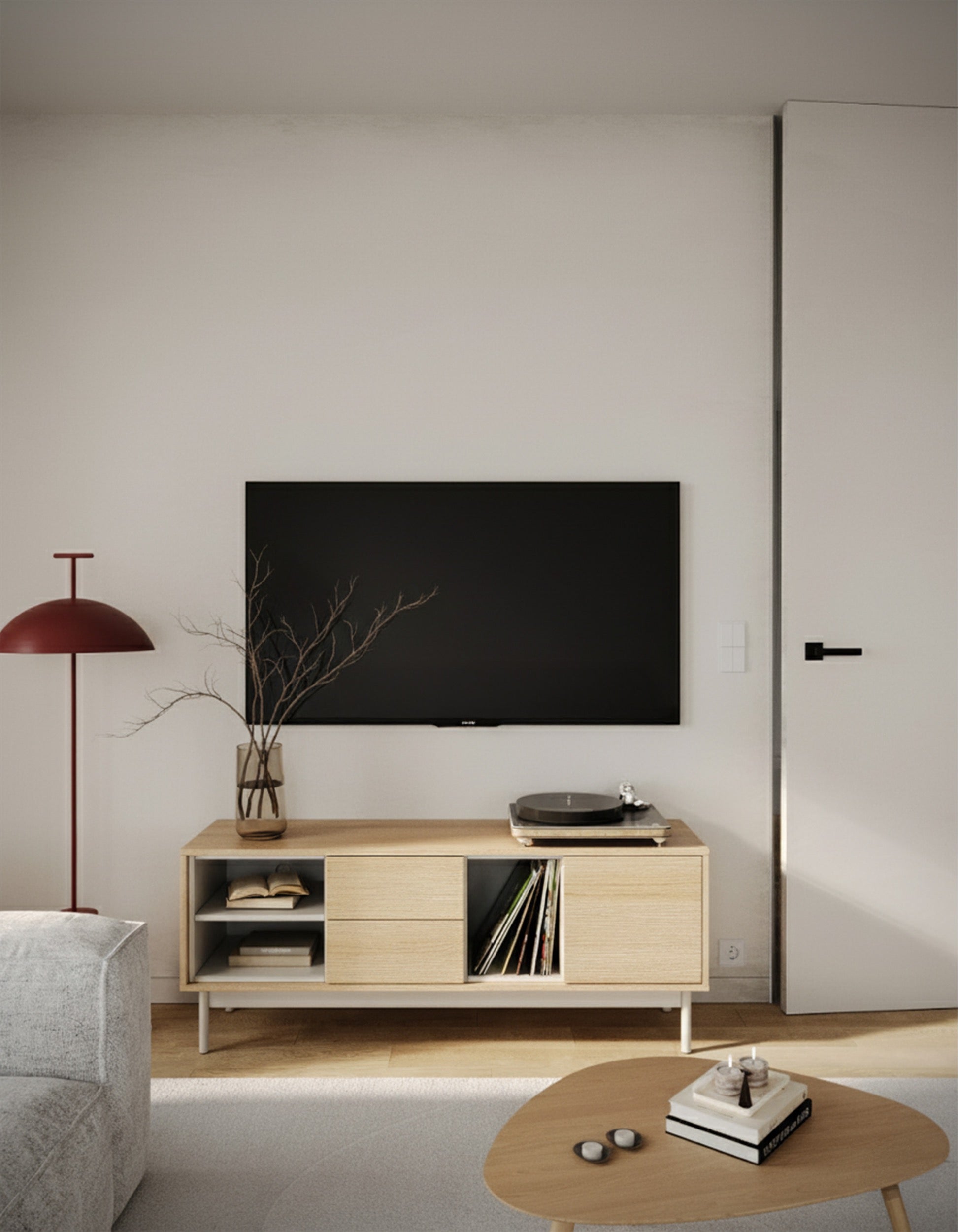Szafka RTV jednodrzwiowa Layen z dwiema szufladami i trzema wnękami 138 cm dąb lindberg/kaszmir