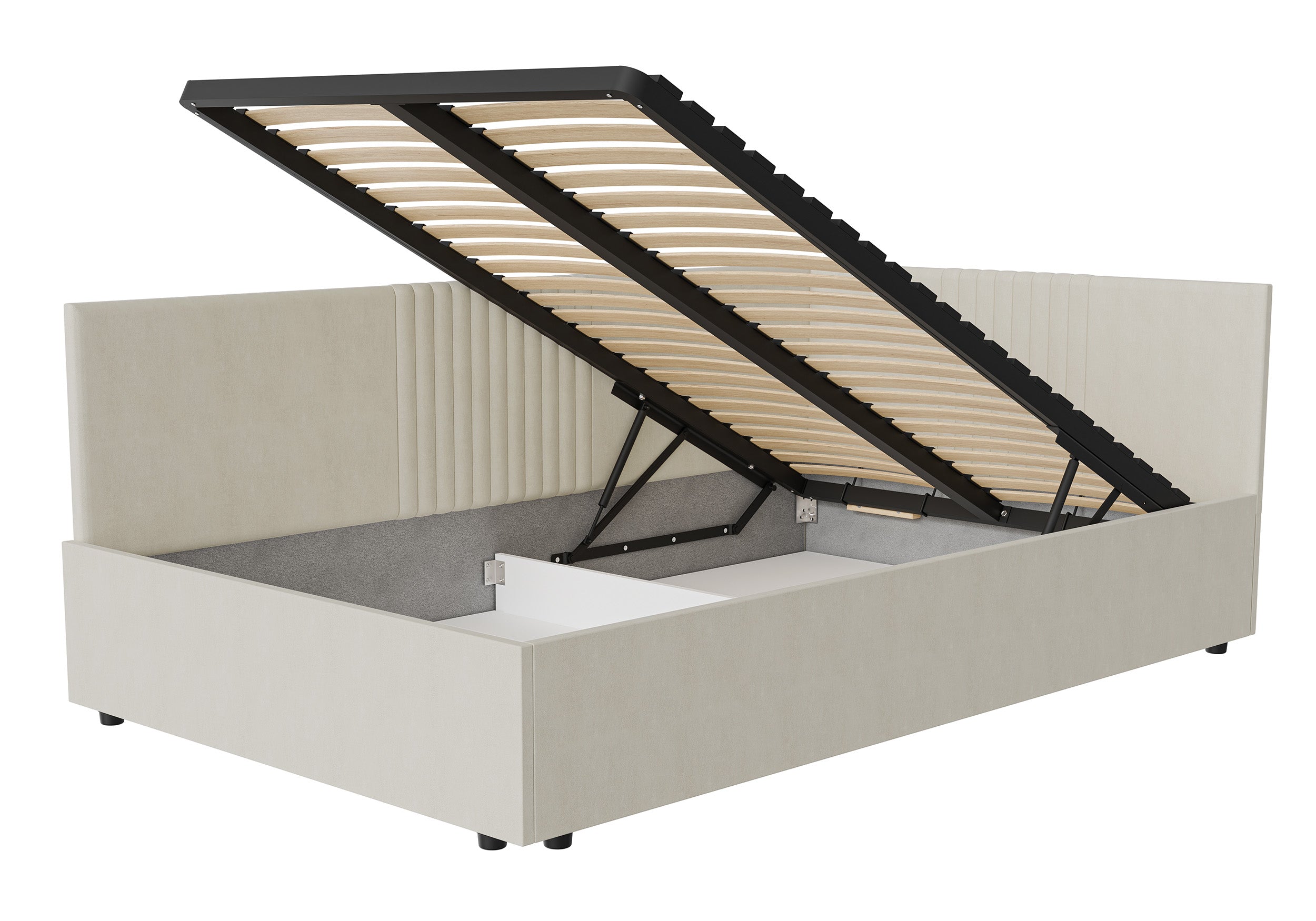 Łóżko młodzieżowe 120x200 cm Novede uniwersalne z pojemnikiem stelaż metalowy beżowe welur łatwoczyszczący