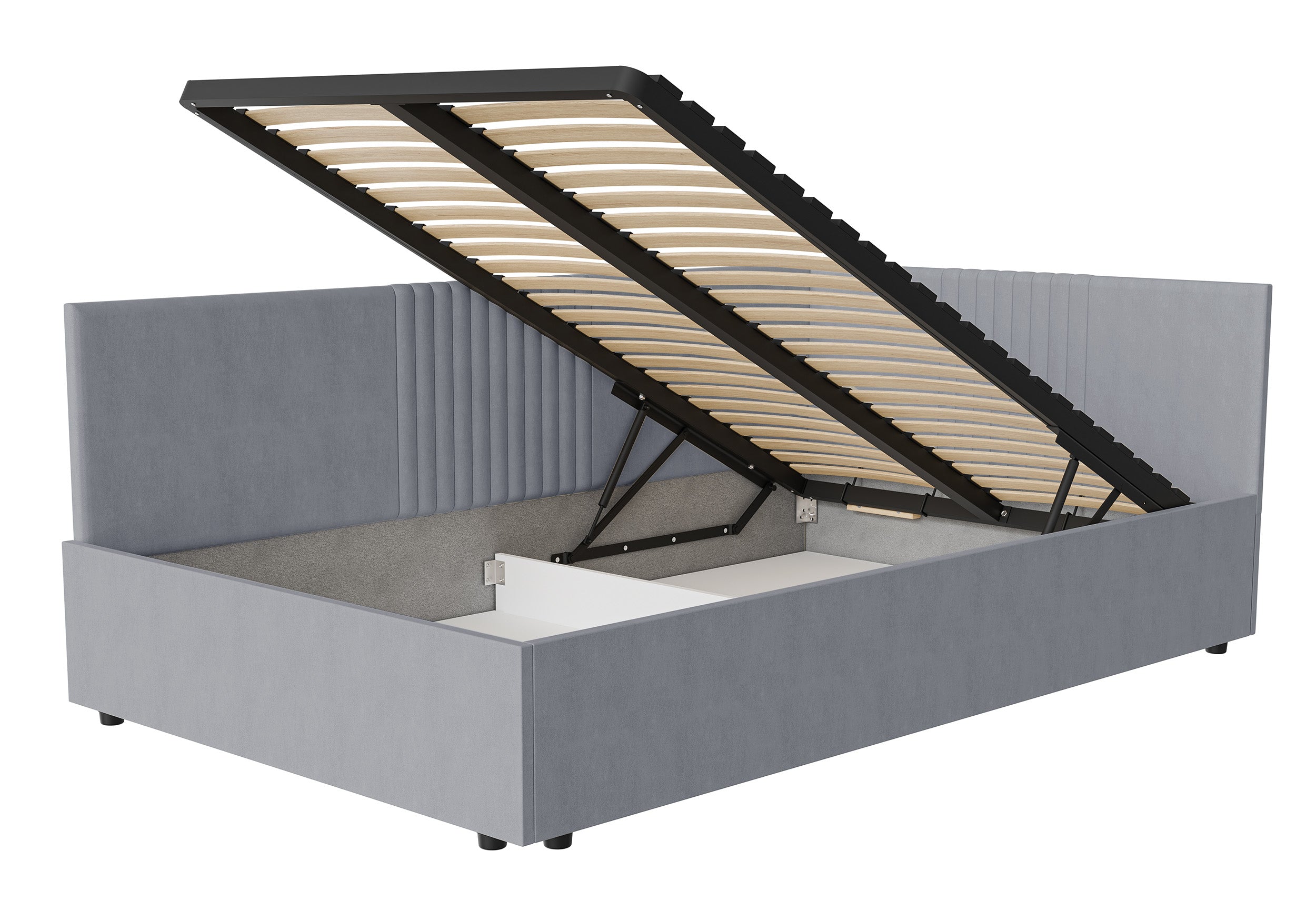 Łóżko młodzieżowe 120x200 cm Novede uniwersalne z pojemnikiem stelaż metalowy szare welur łatwoczyszczący