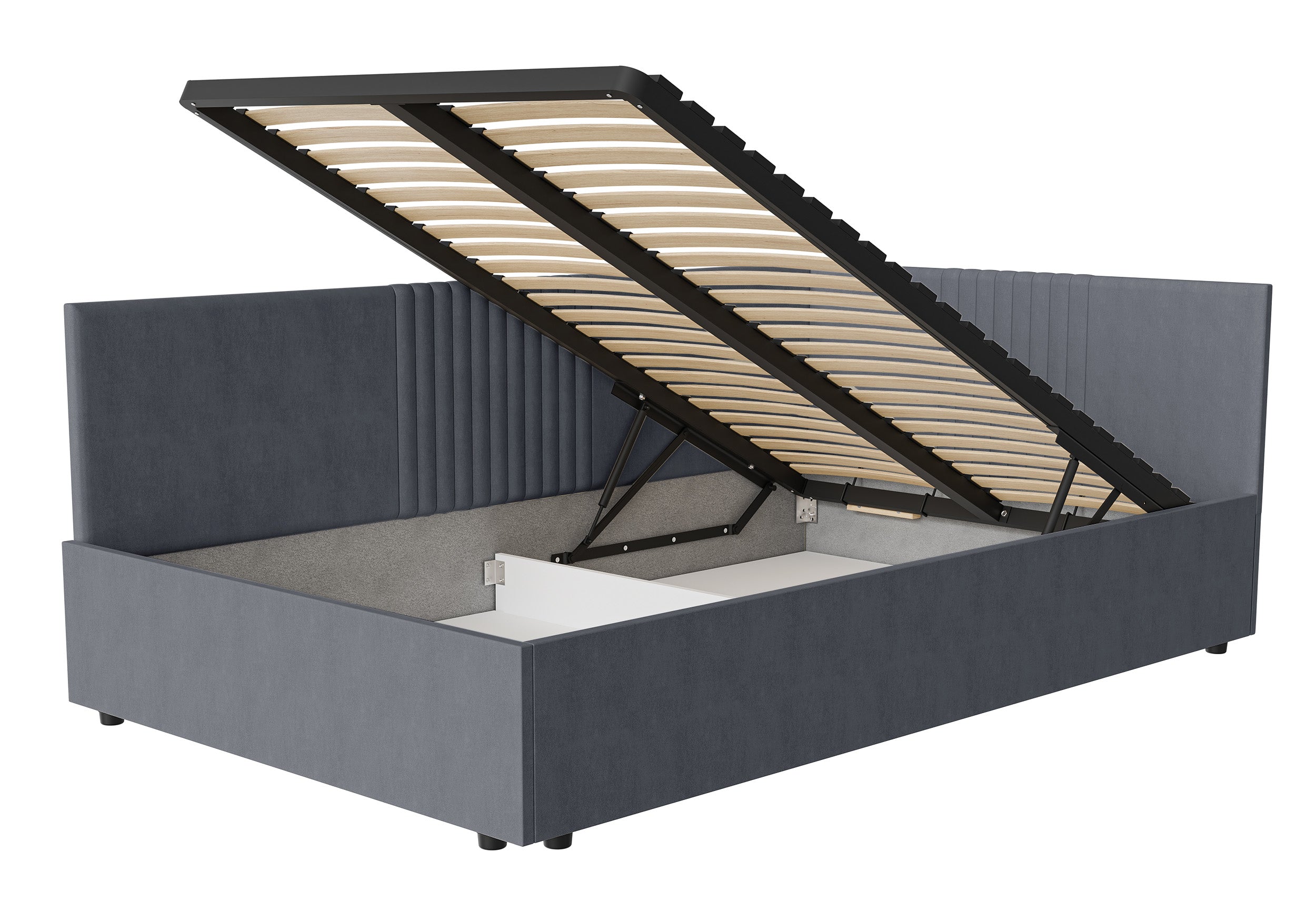 Łóżko młodzieżowe 120x200 cm Novede uniwersalne z pojemnikiem stelaż metalowy ciemnoszare welur łatwoczyszczący