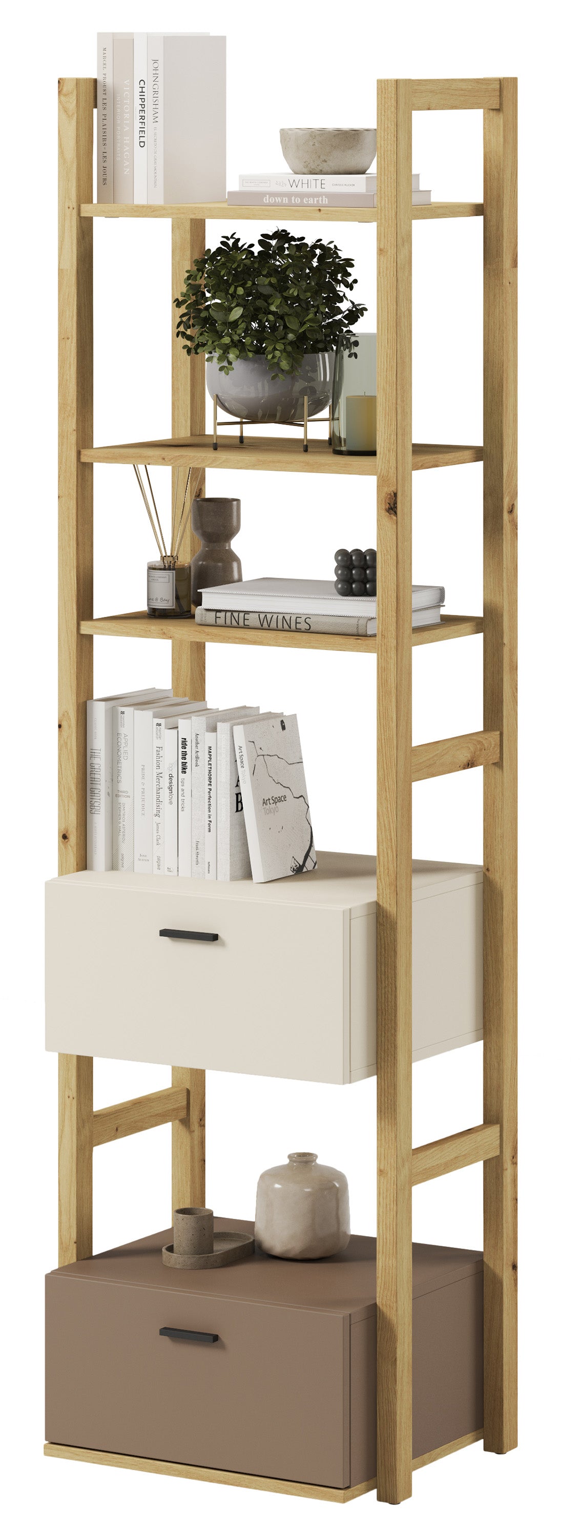 Regał młodzieżowy Lenny z dwiema szufladami 51 cm dąb artisan, beż, truflowy
