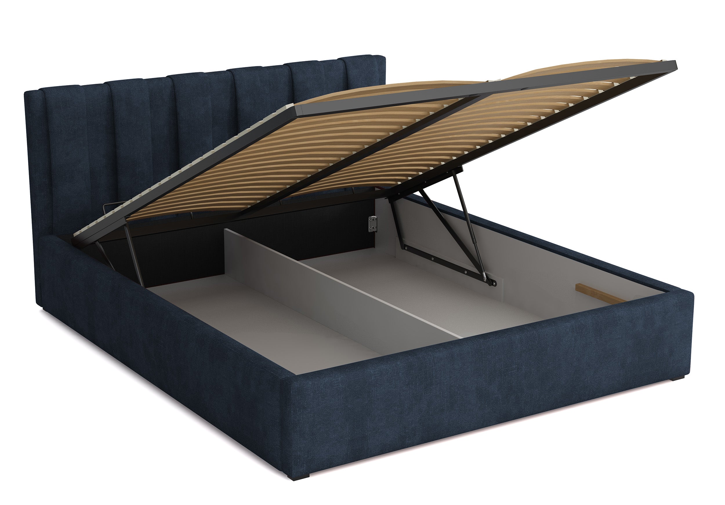 Łóżko tapicerowane 200x200 cm Walence z pojemnikiem stelaż metalowy granatowe welur hydrofobowy