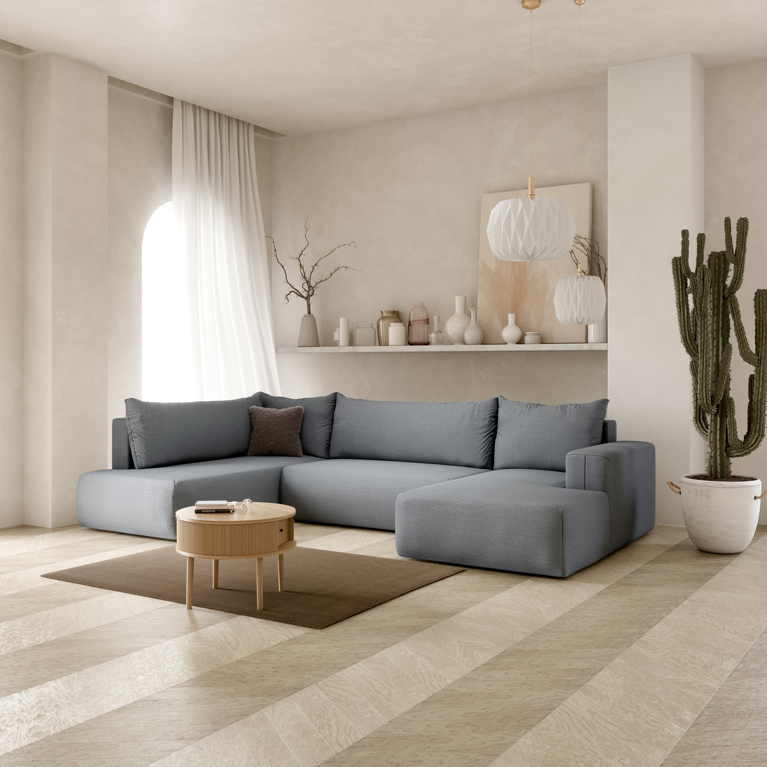 Narożnik z funkcją spania Lummi U-kształtny z pojemnikiem szary szenil hydrofobowy prawostronny